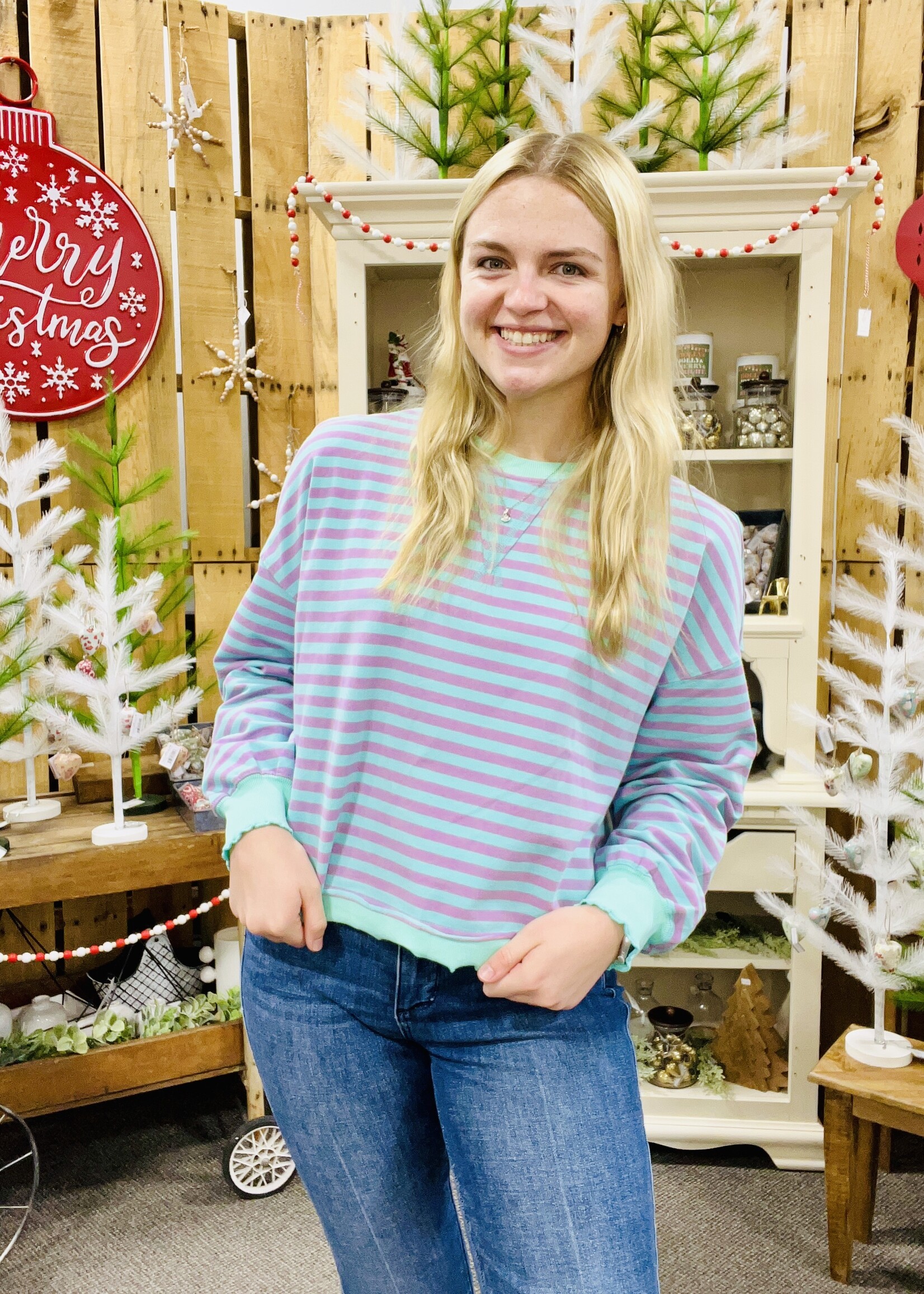 Green/Lavender Striped Oversized Pullover