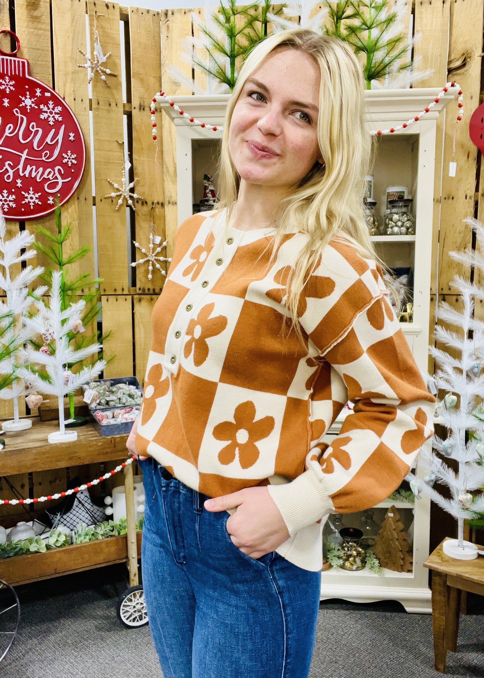 Retro Flower Henley Sweater