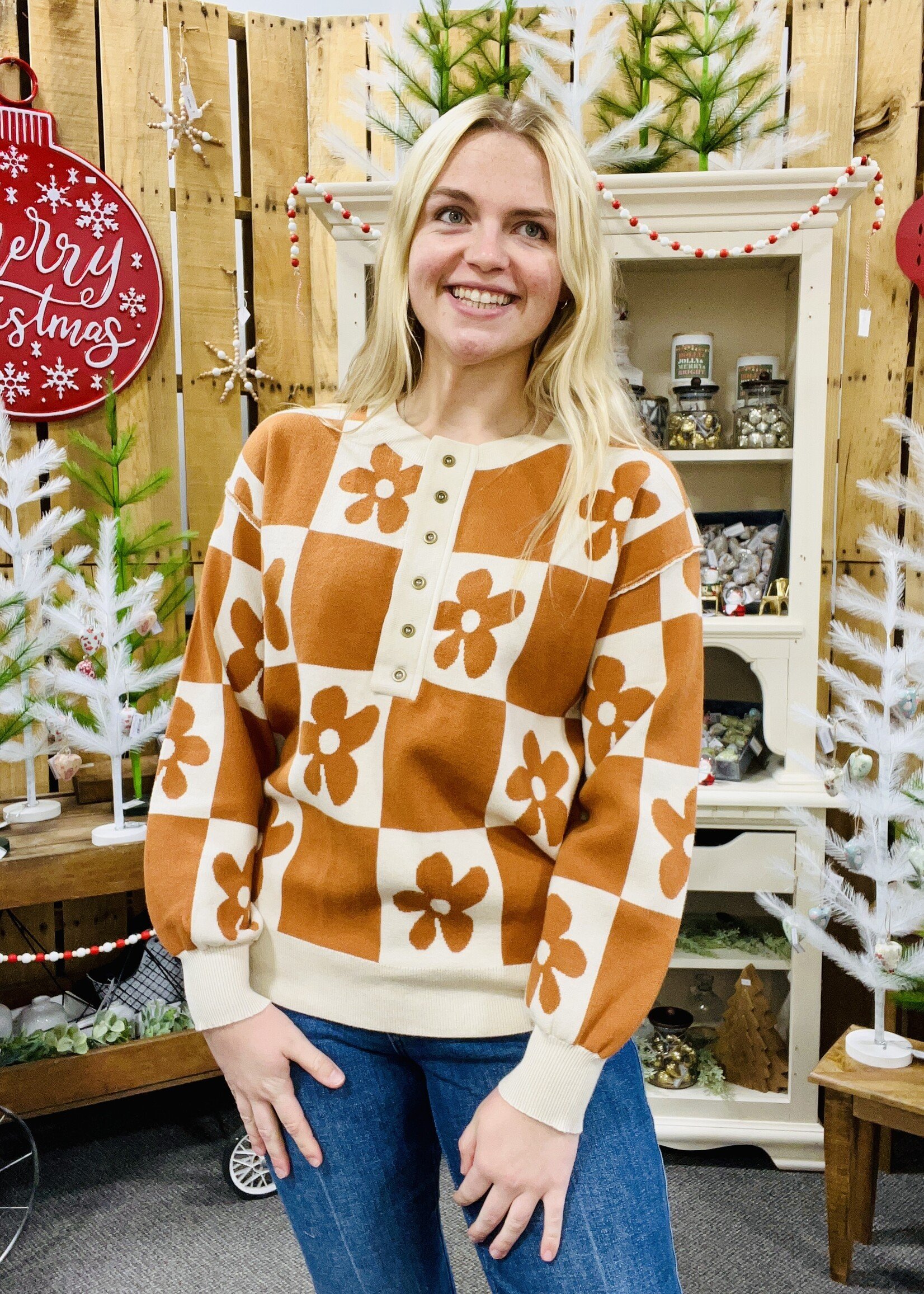 Retro Flower Henley Sweater