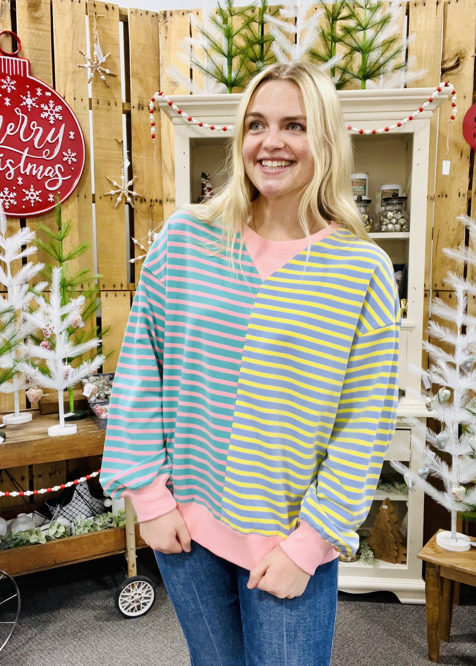 Colorblock Striped Oversized Pullover