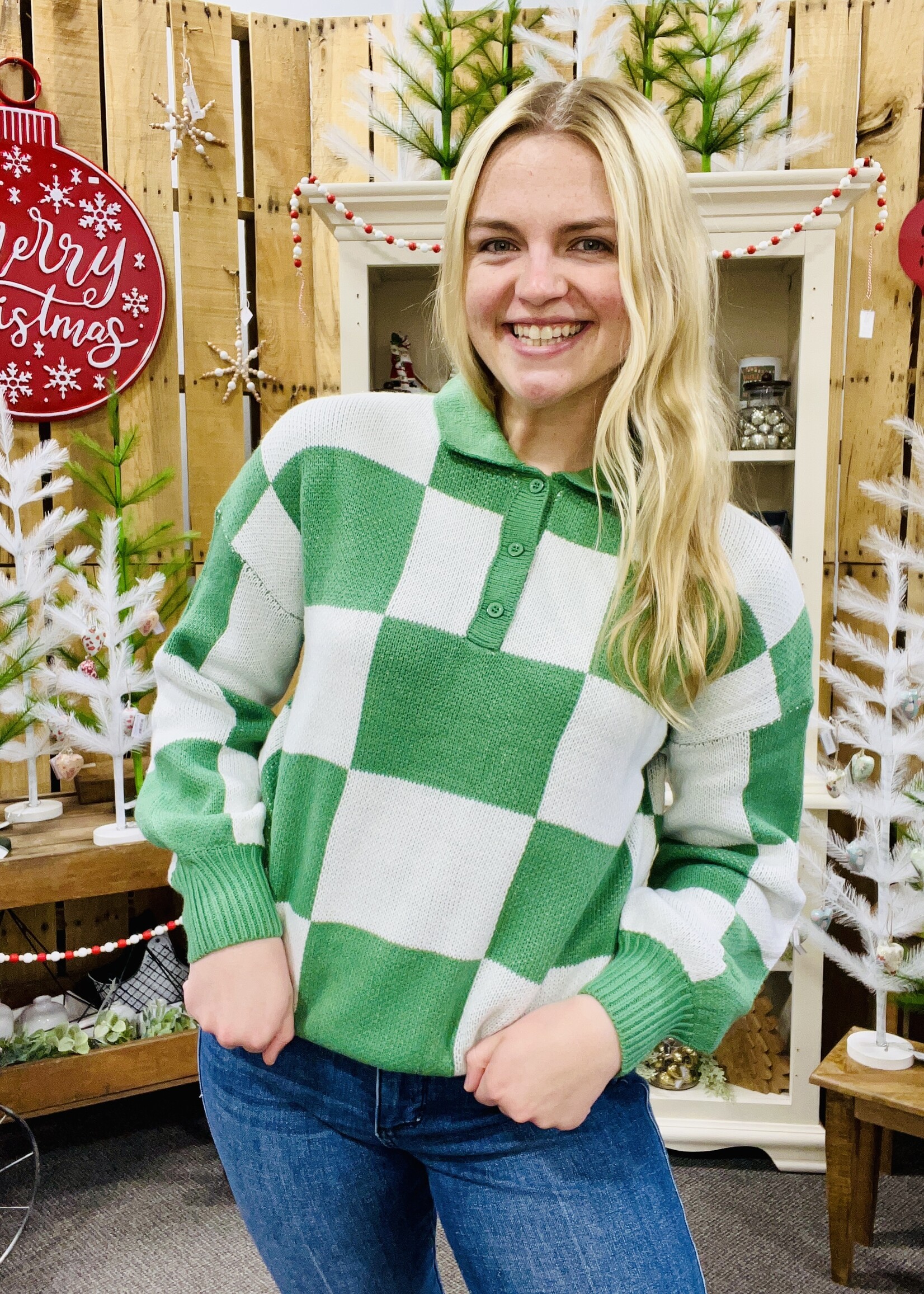 Green Checkered Collared Sweater