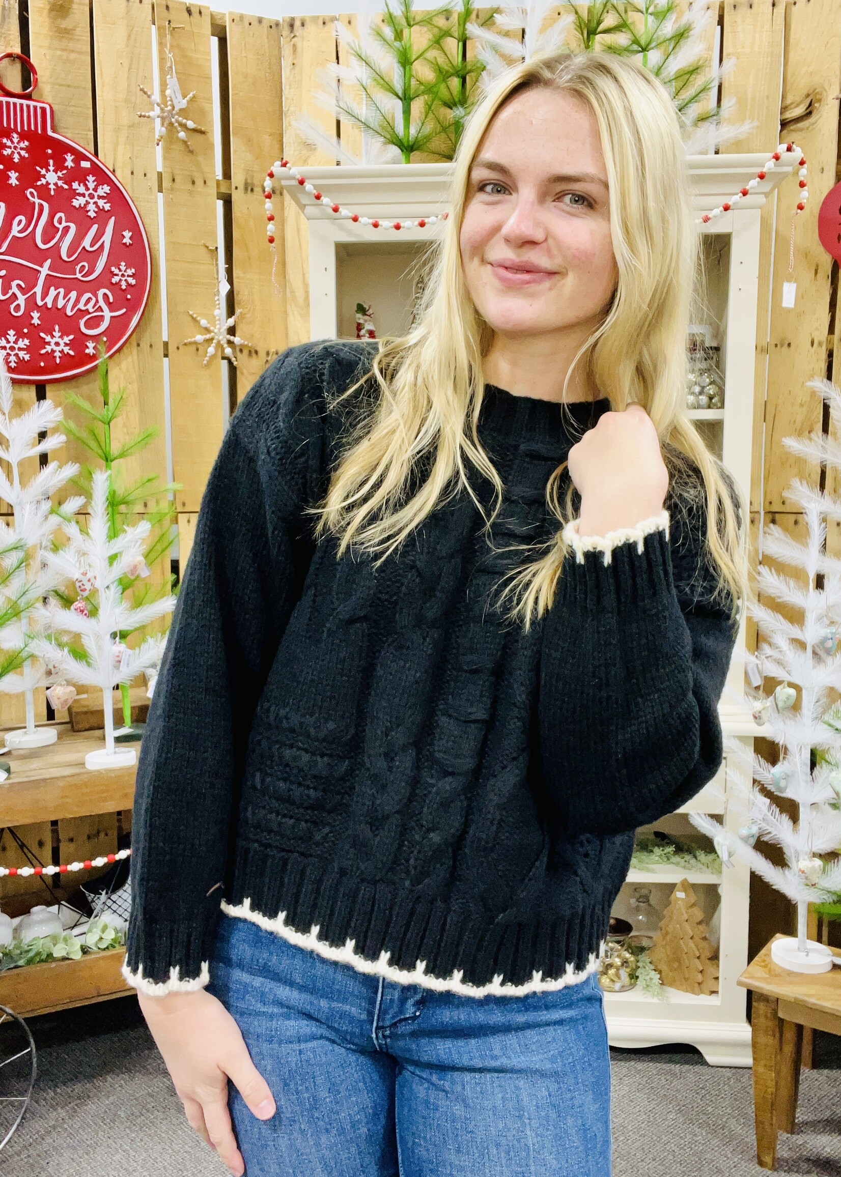 Blu Pepper Black Cable Knit Sweater with Contrast Trim