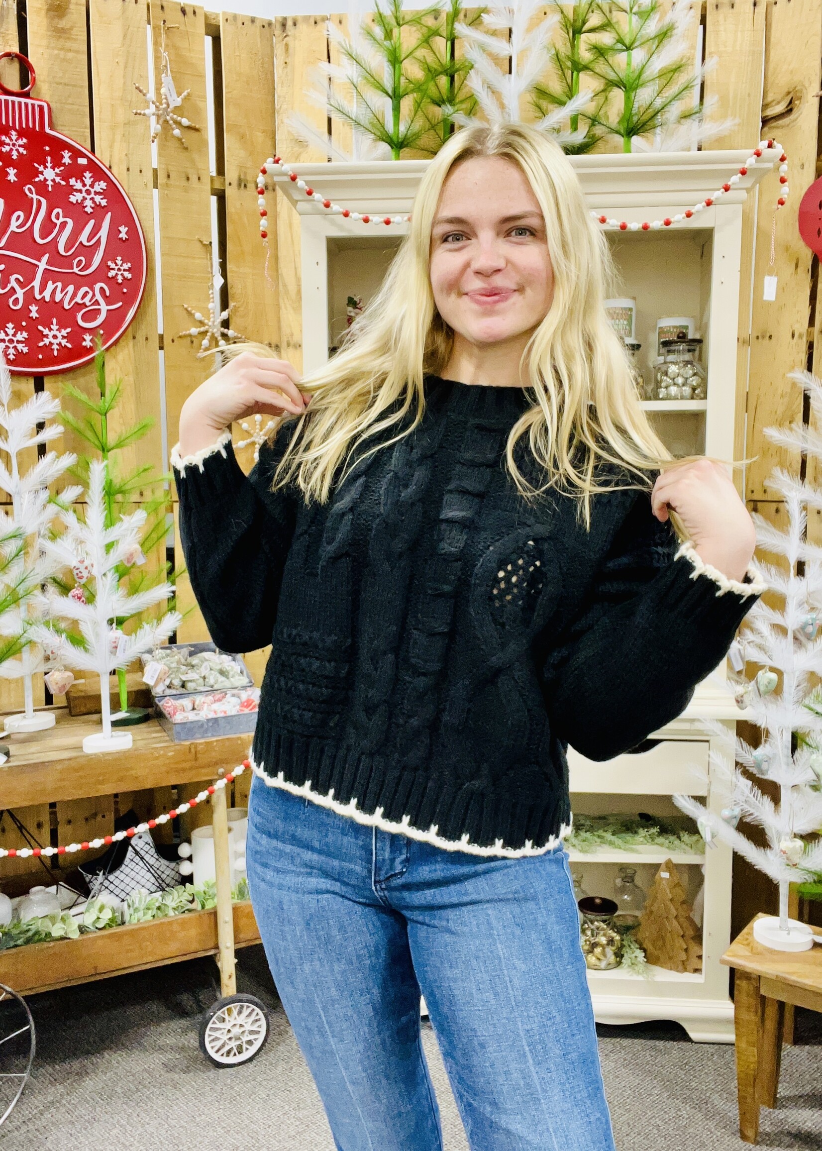 Blu Pepper Black Cable Knit Sweater with Contrast Trim