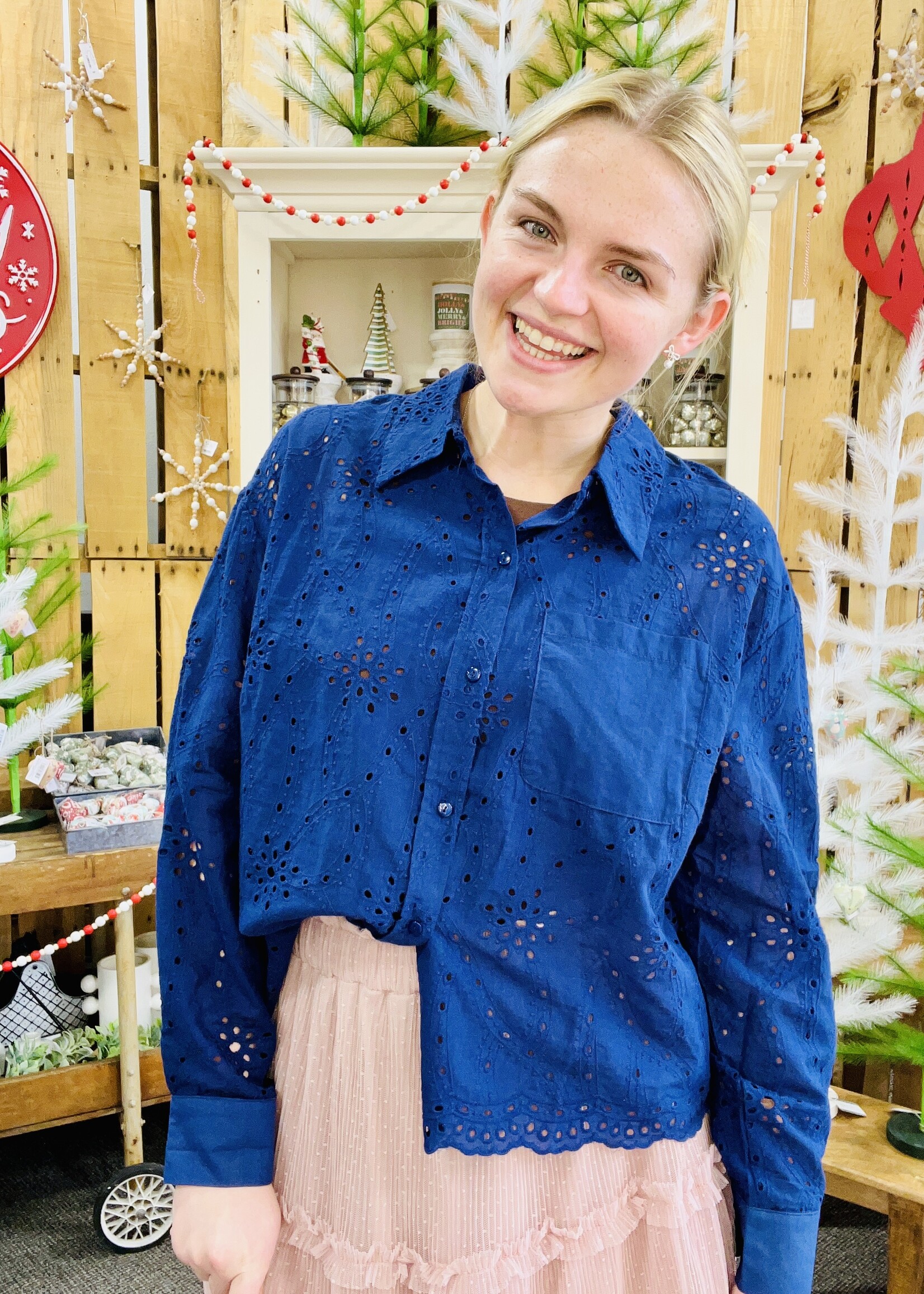 Haptics Navy Eyelet Top