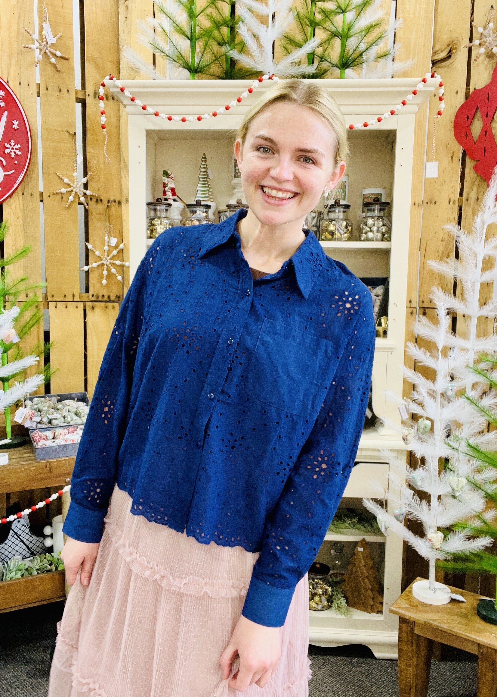 Haptics Navy Eyelet Top