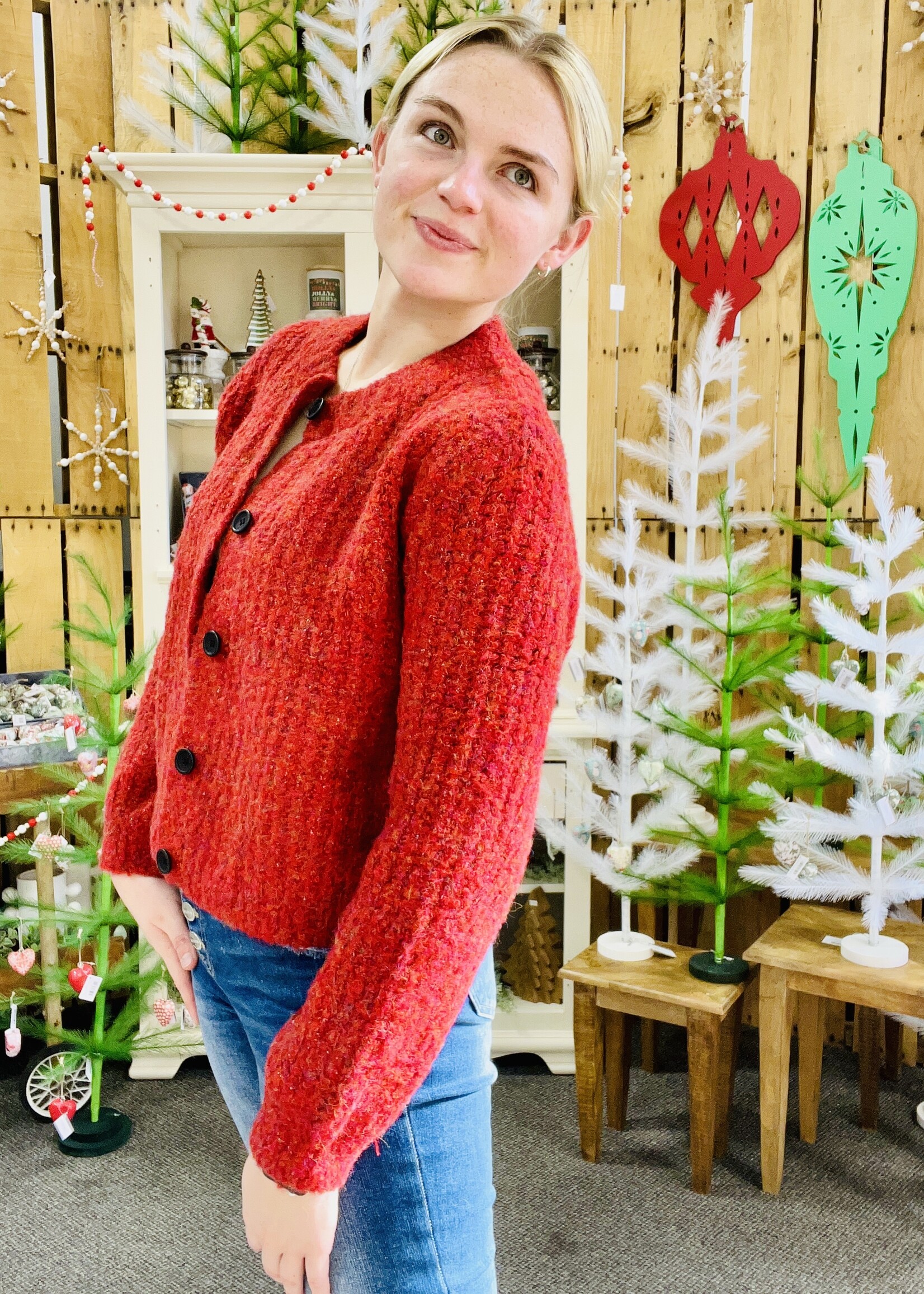 Zenana Red 5 Button Cardigan