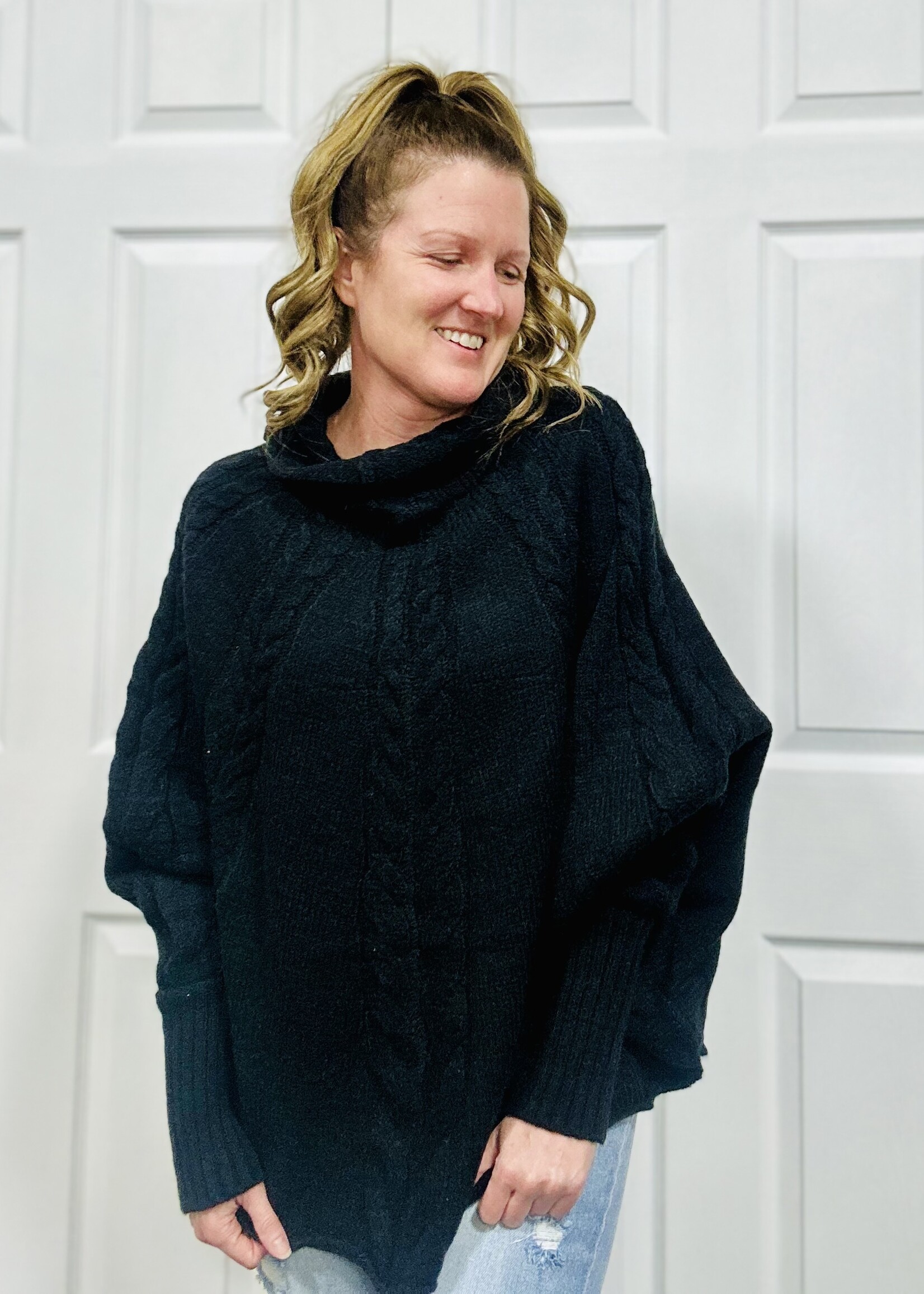Easel Black Cable Knit Poncho Sweater