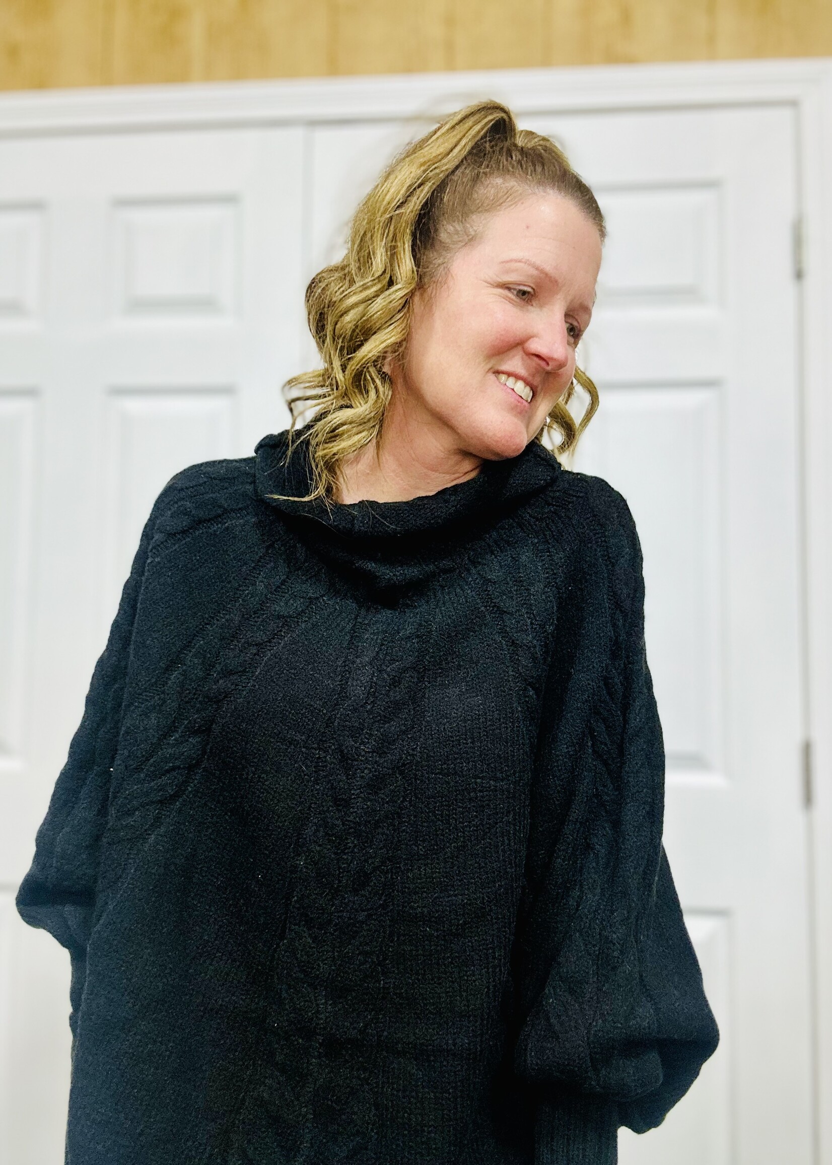 Easel Black Cable Knit Poncho Sweater