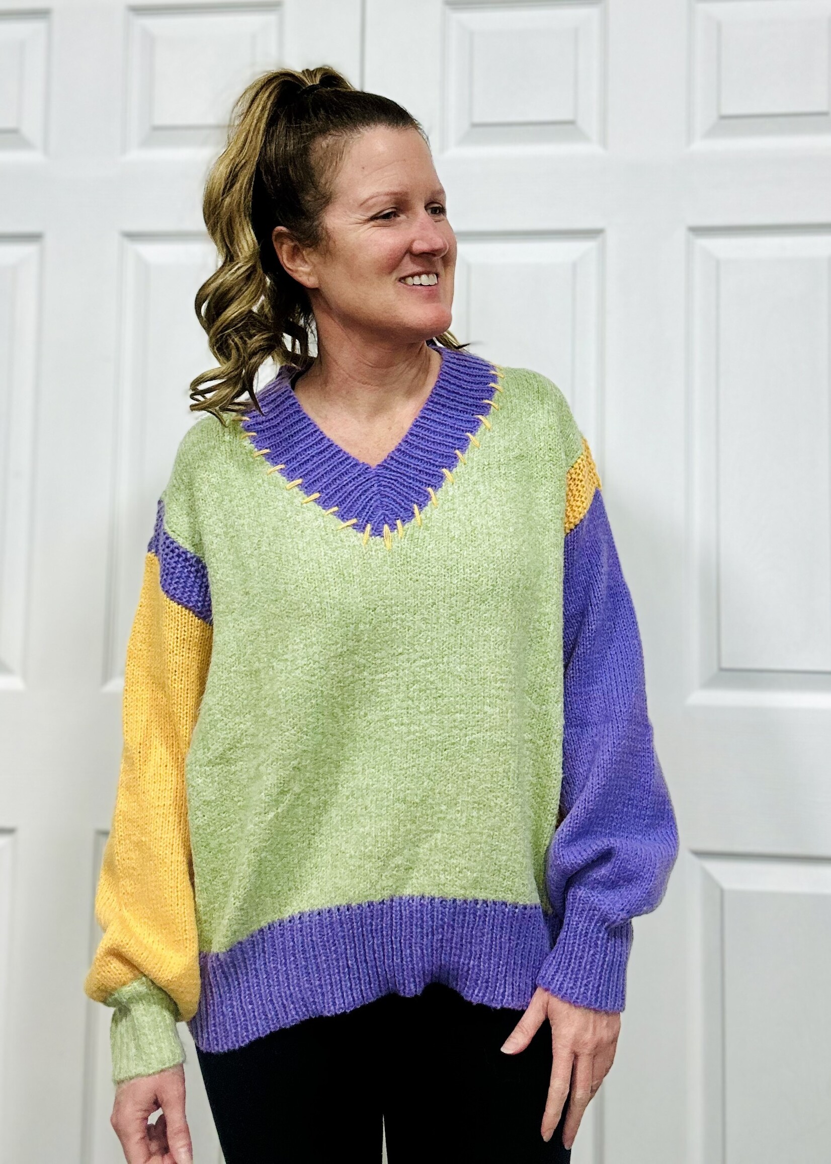 Easel Sage V-Neck Block Sweater