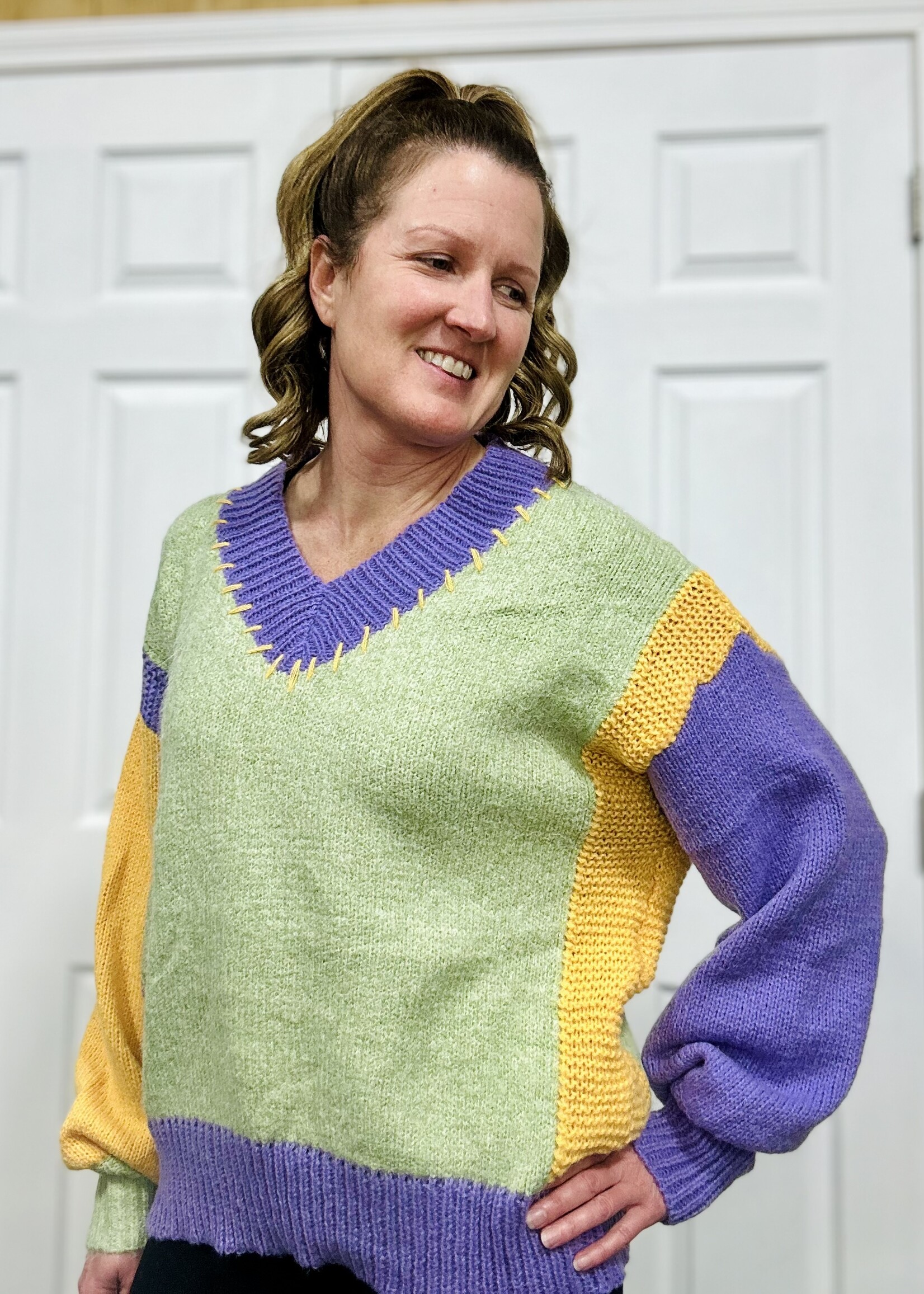Easel Sage V-Neck Block Sweater