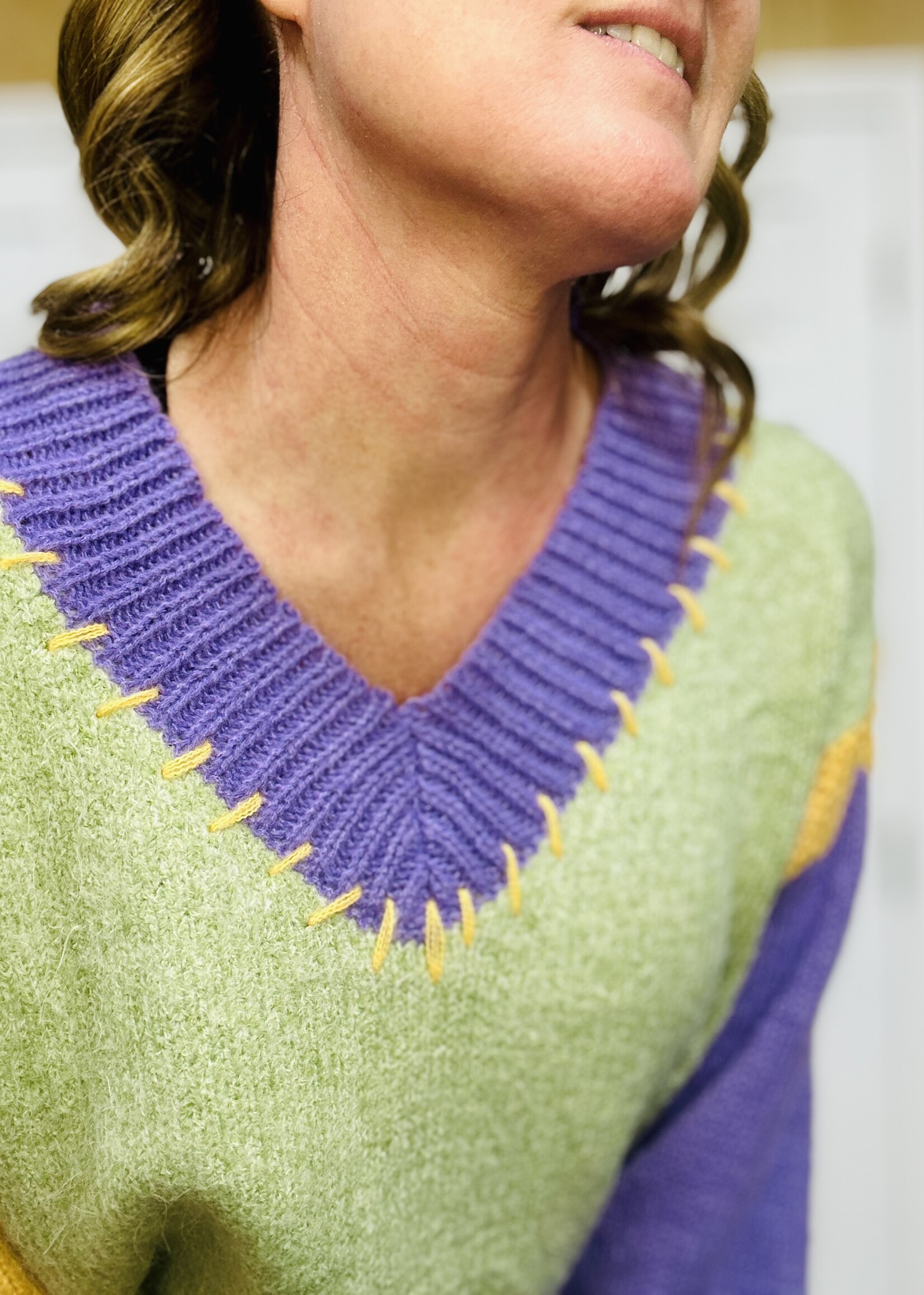 Easel Sage V-Neck Block Sweater