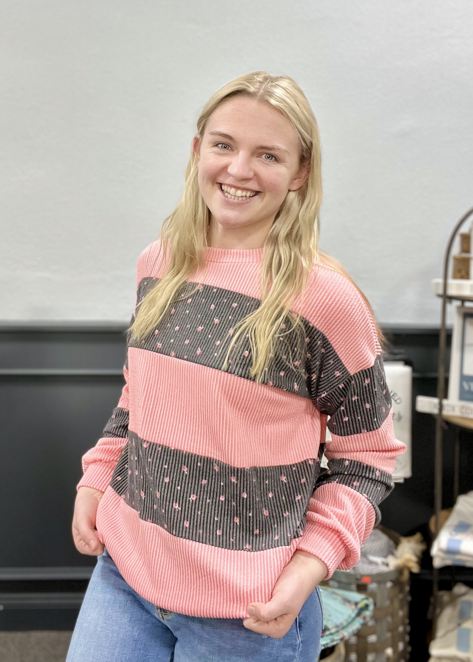 Peach Floral Ribbed Block Top