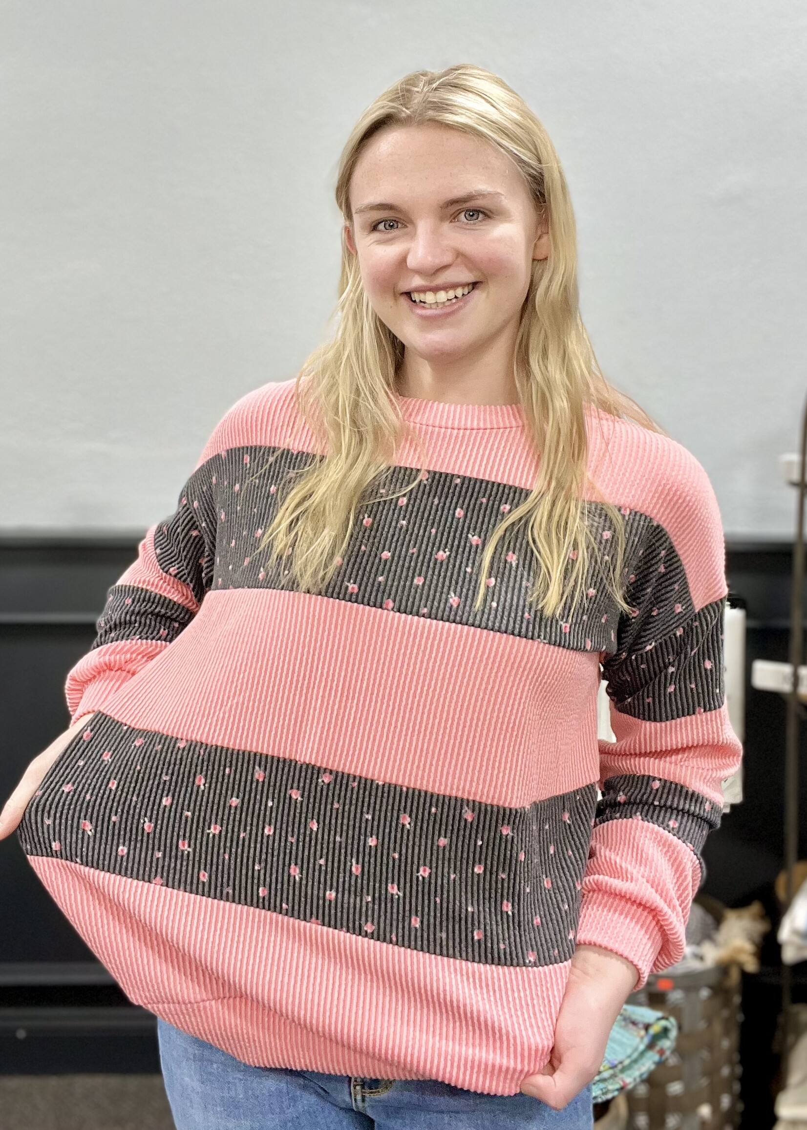 Peach Floral Ribbed Block Top