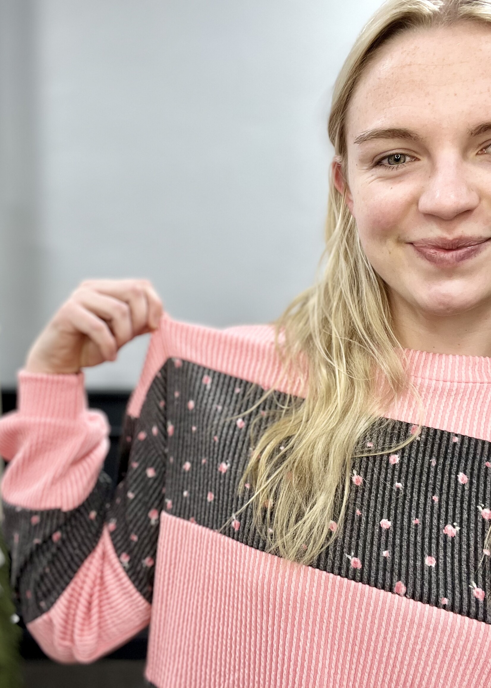 Peach Floral Ribbed Block Top
