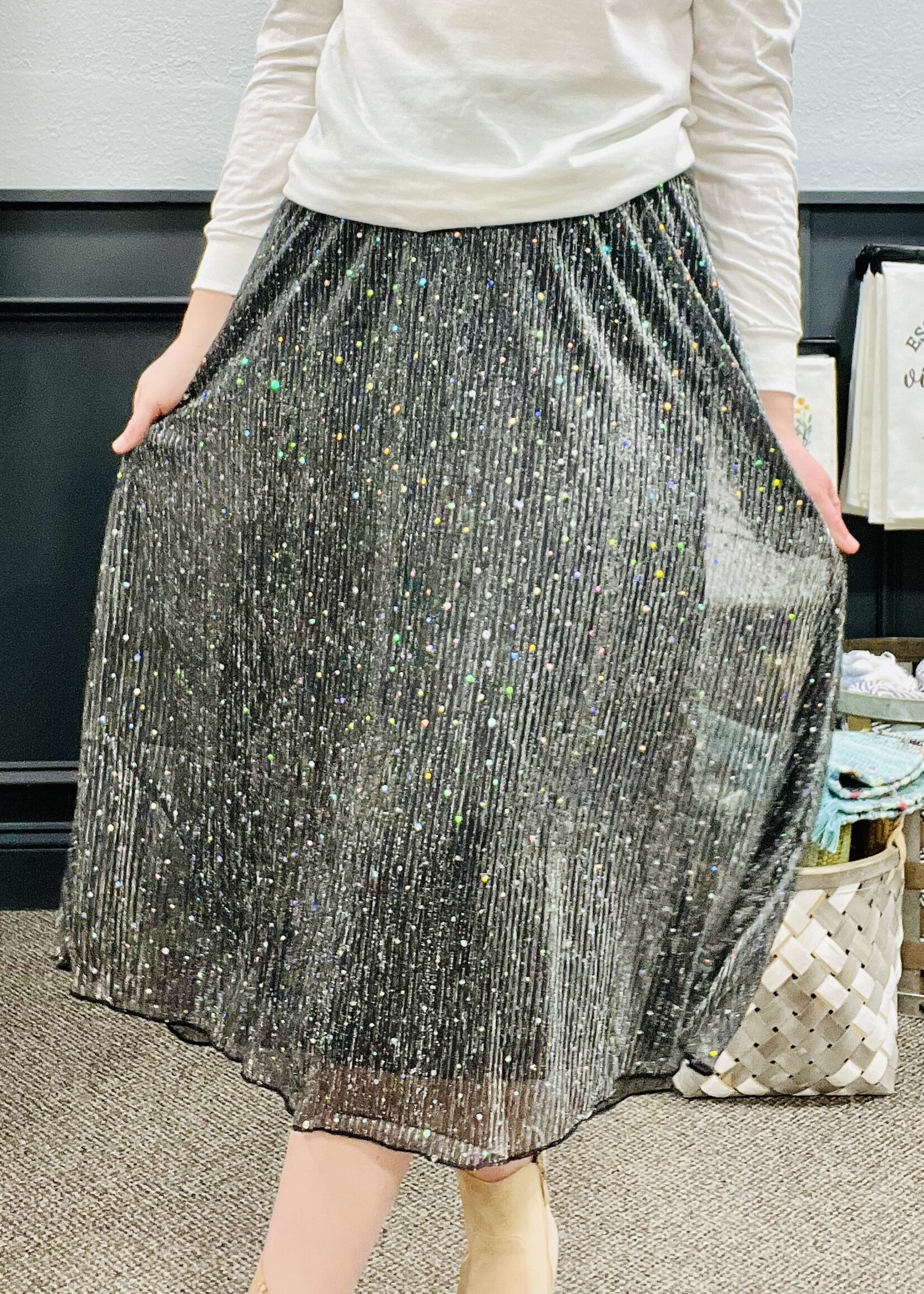 Black Sparkle Pleated Skirt