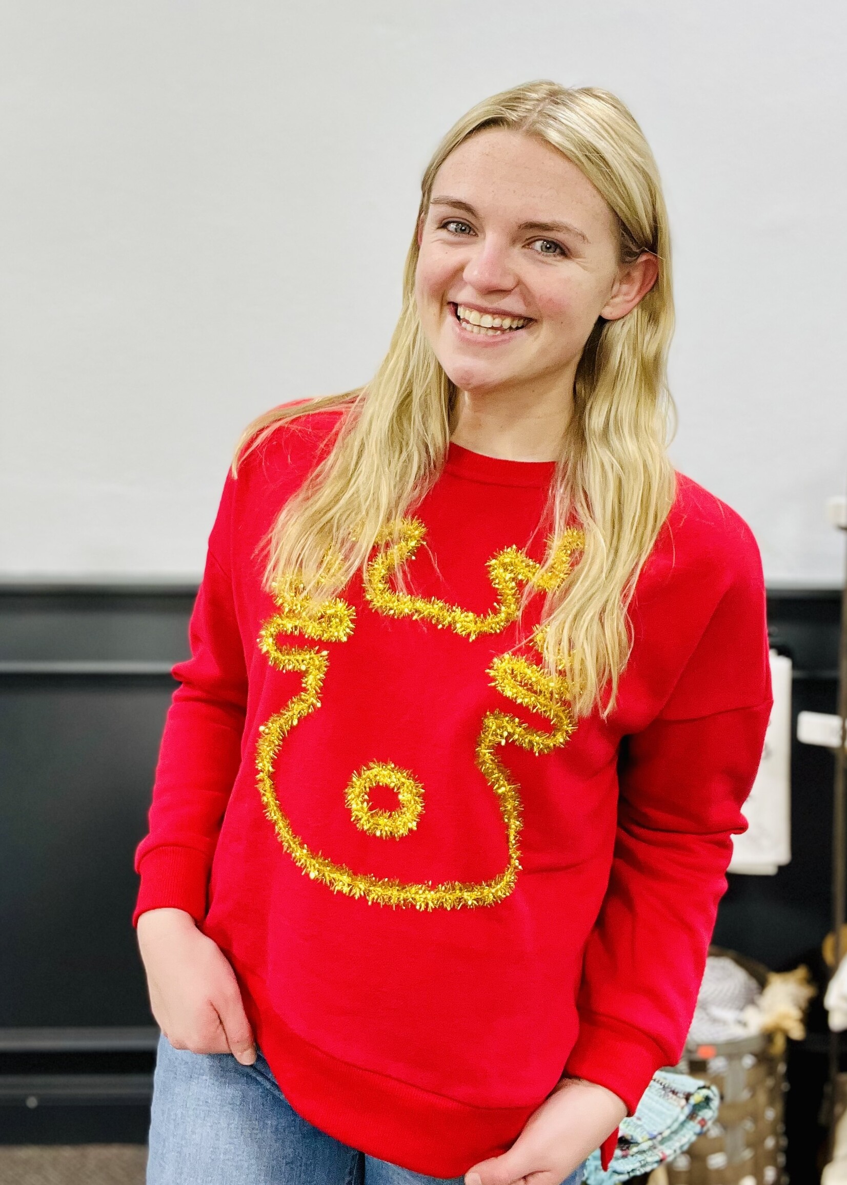 Red Tinsel Reindeer Pullover