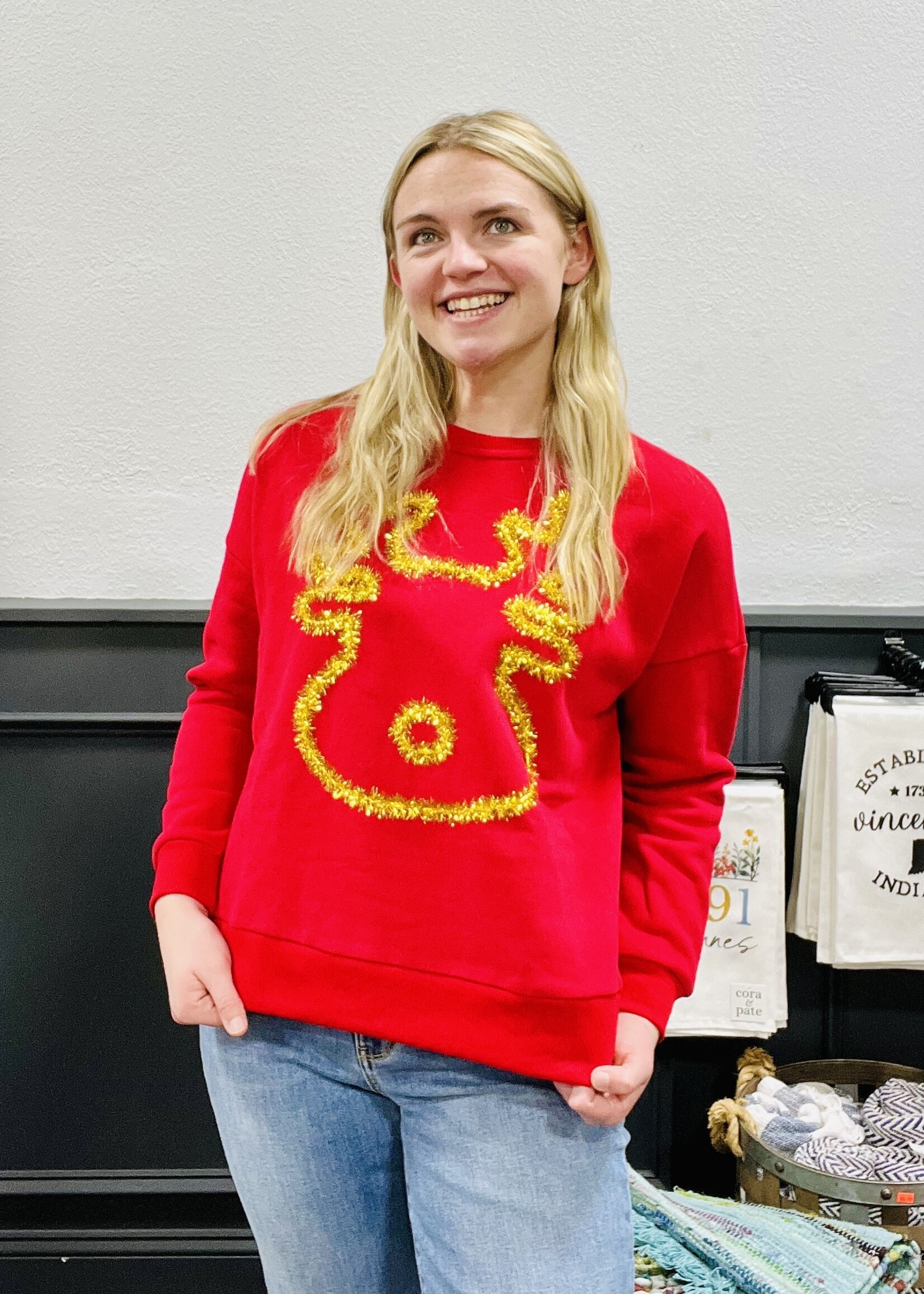 Red Tinsel Reindeer Pullover