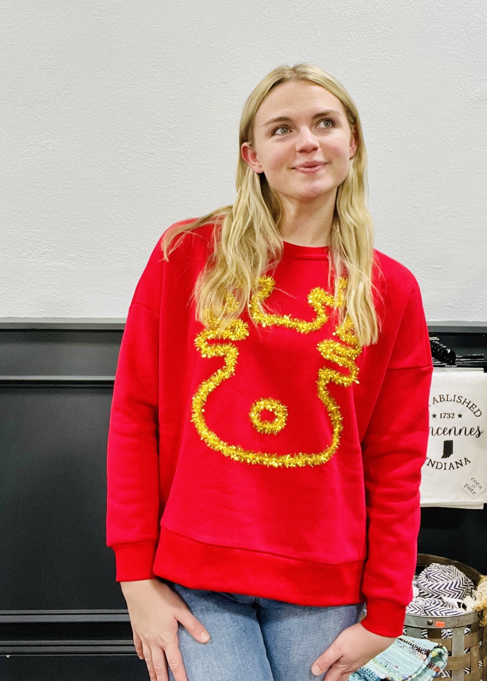 Red Tinsel Reindeer Pullover
