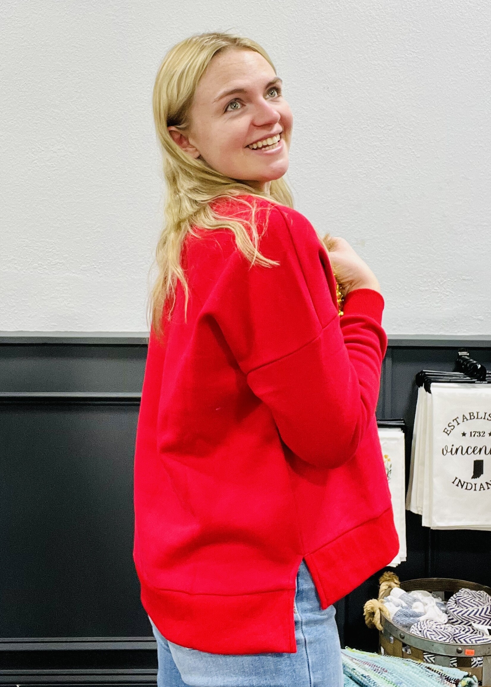 Red Tinsel Reindeer Pullover