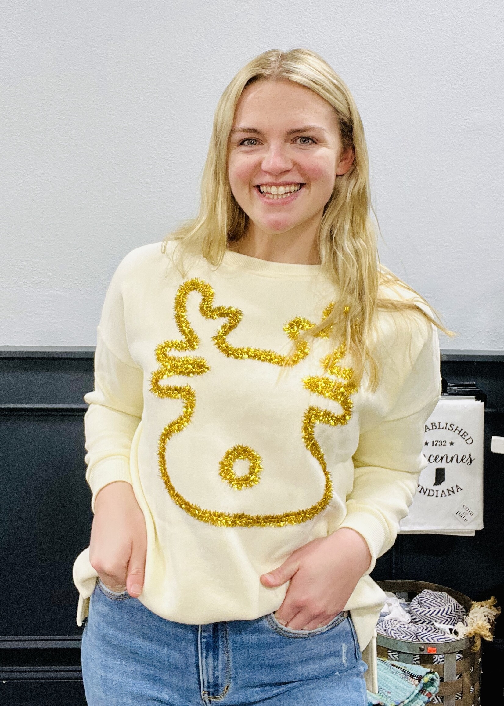 Ivory Tinsel Reindeer Pullover