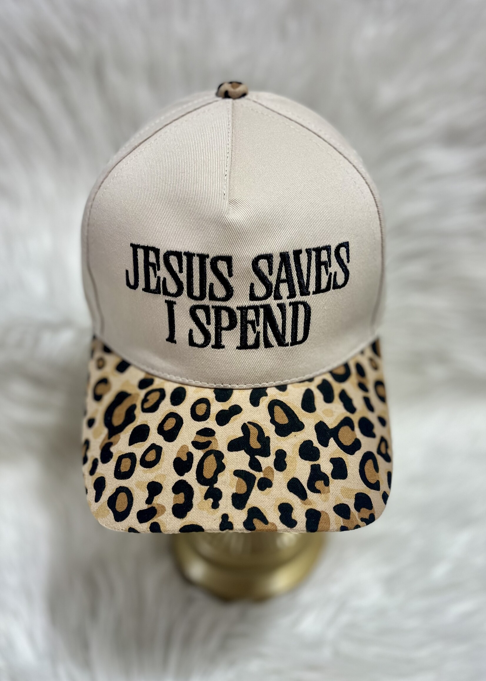 Attic Salt Boutique Jesus Saves I Spend Hat in Leopard