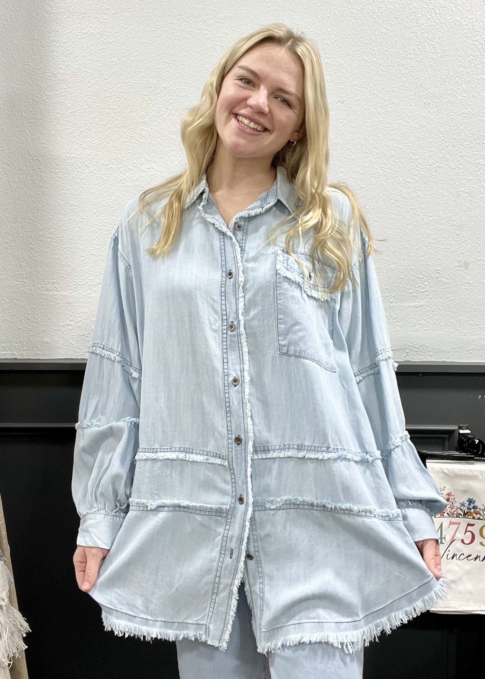 Easel Light Denim Tunic Button Up Top