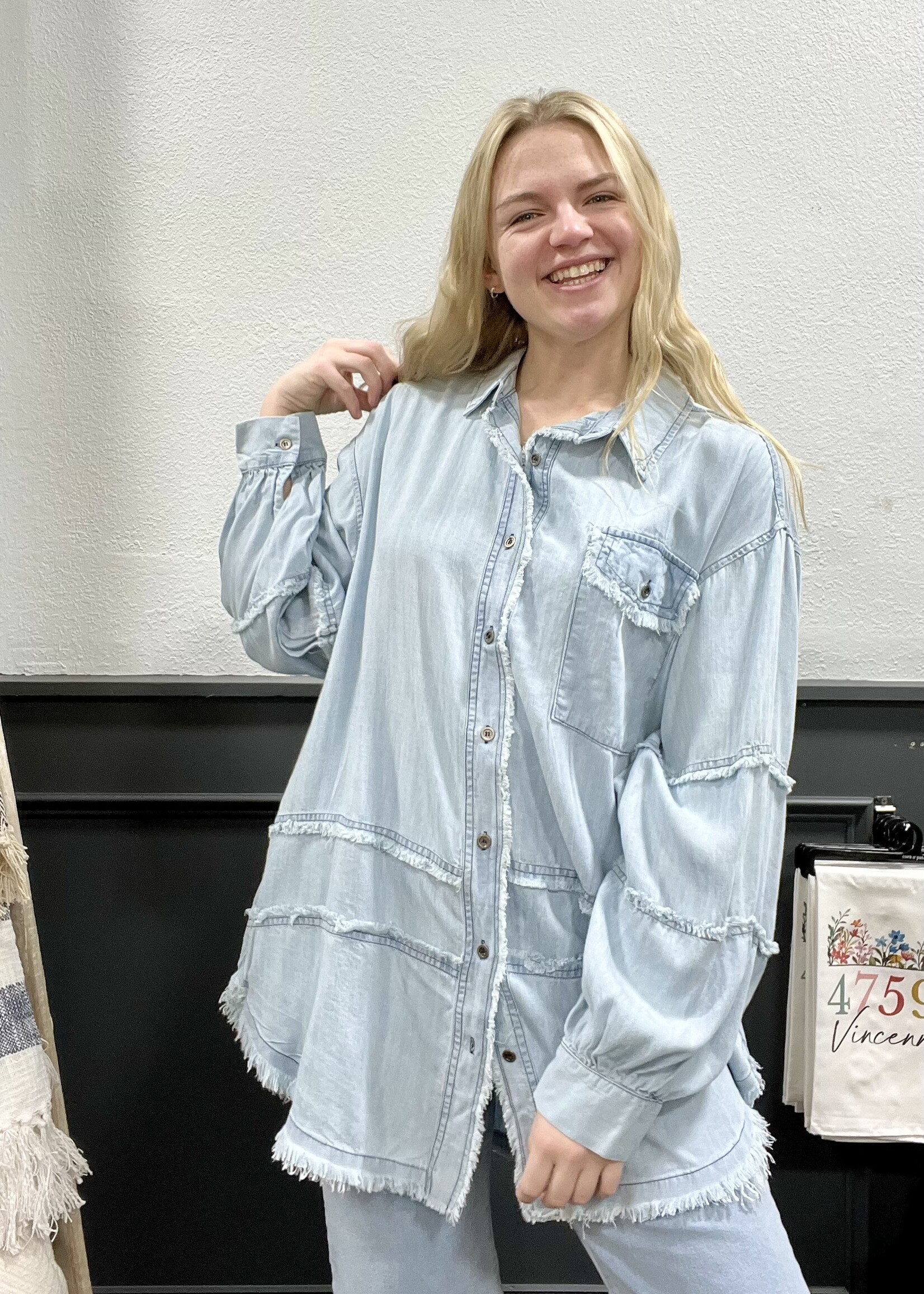 Easel Light Denim Tunic Button Up Top