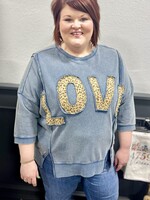 Easel Washed Denim LOVE Leopard Patch Top