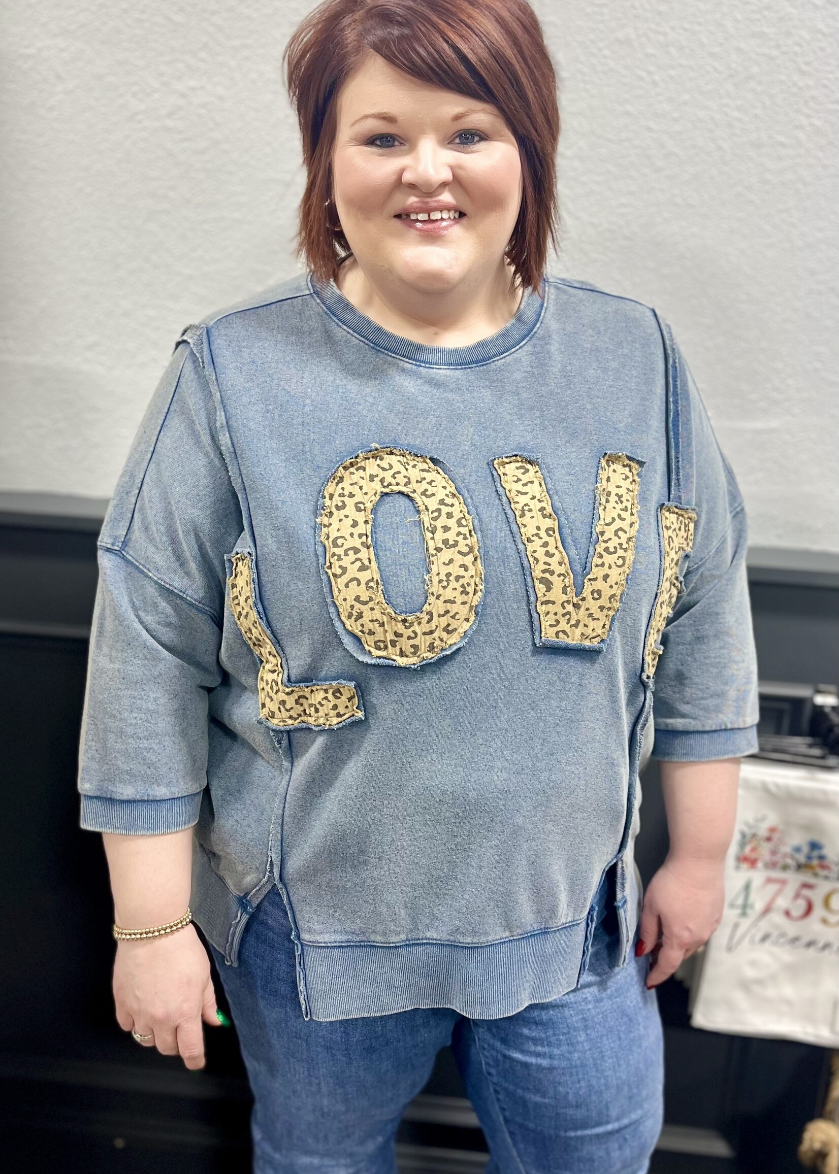 Easel Washed Denim LOVE Leopard Patch Top