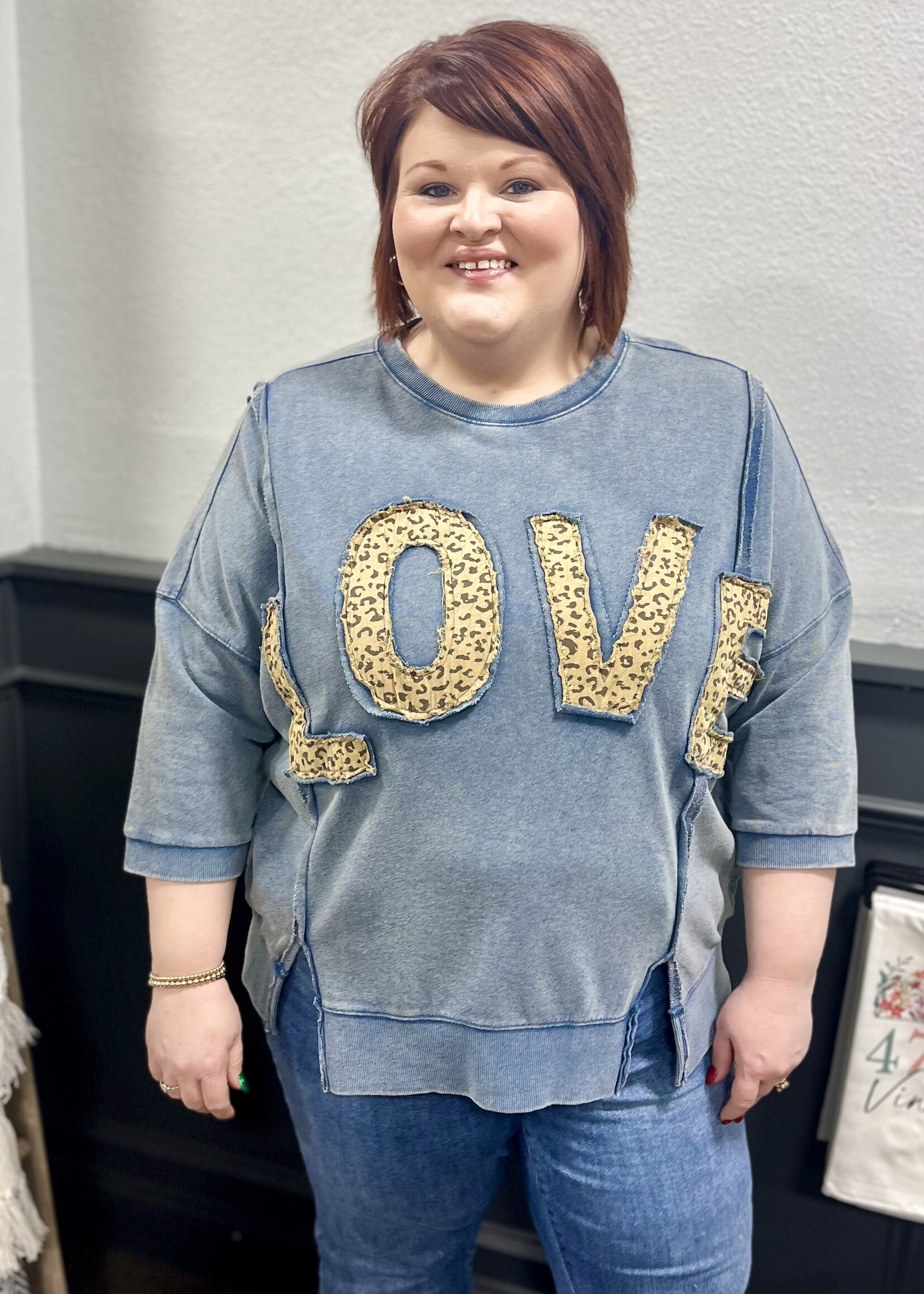 Easel Washed Denim LOVE Leopard Patch Top