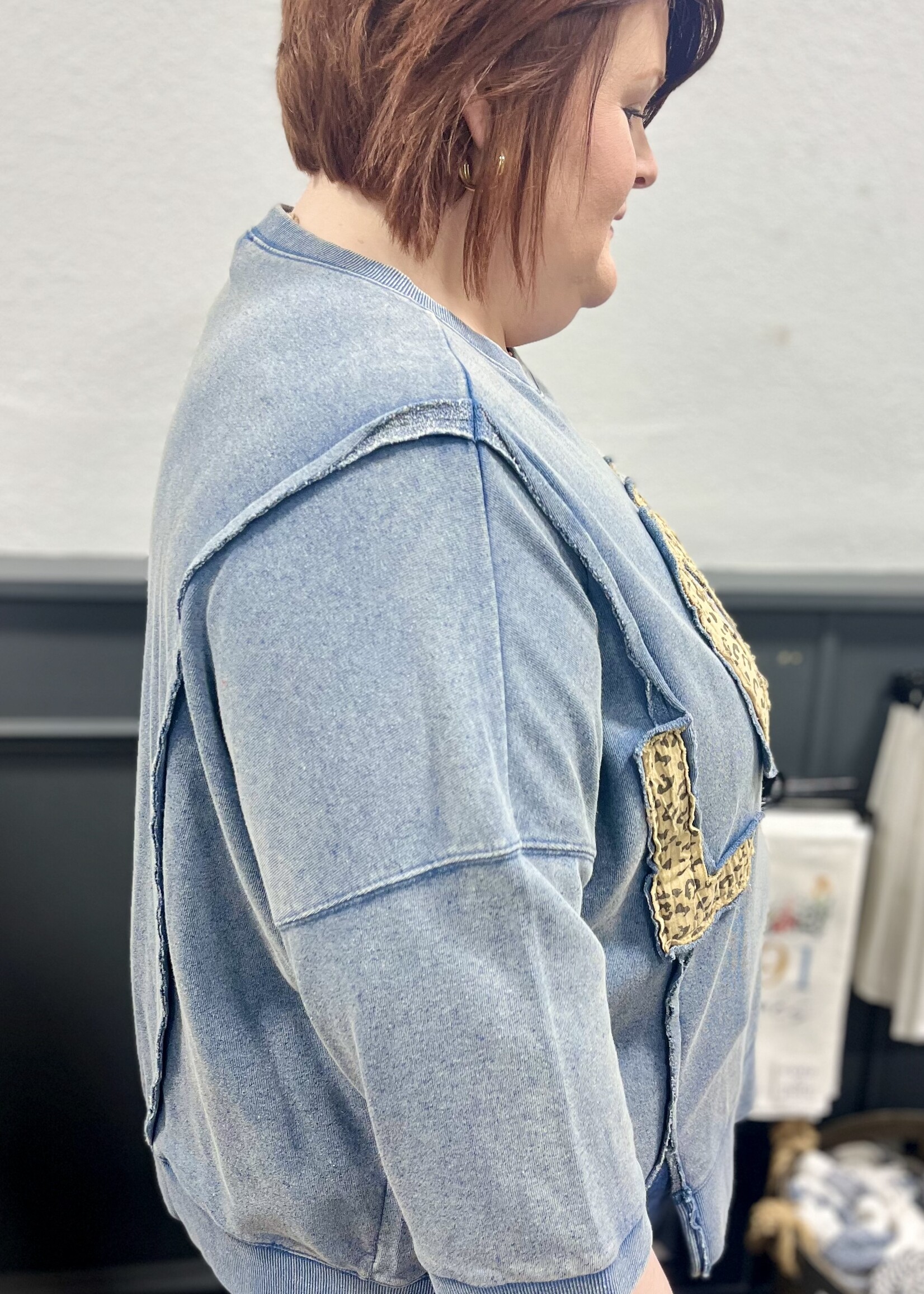 Easel Washed Denim LOVE Leopard Patch Top