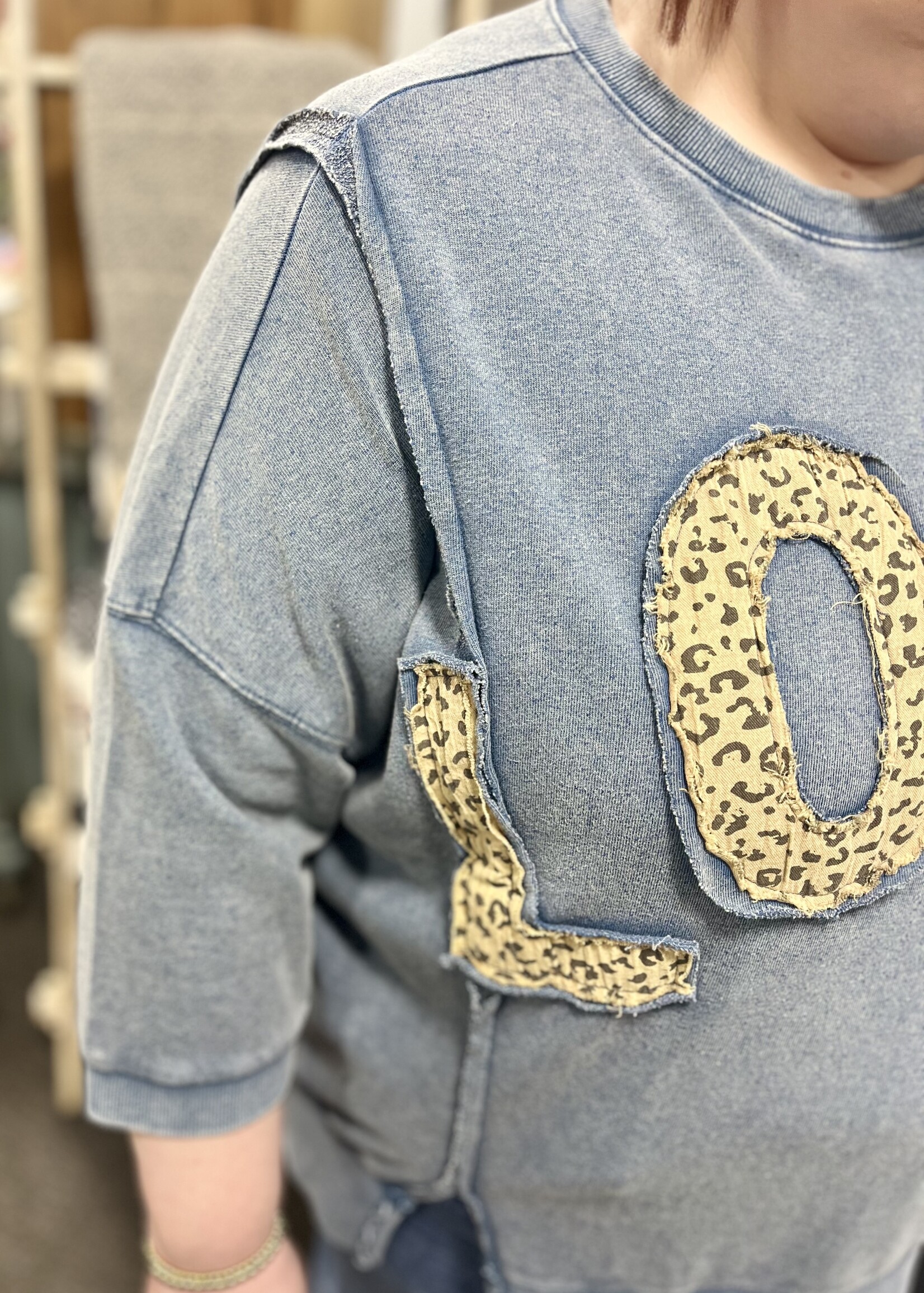 Easel Washed Denim LOVE Leopard Patch Top