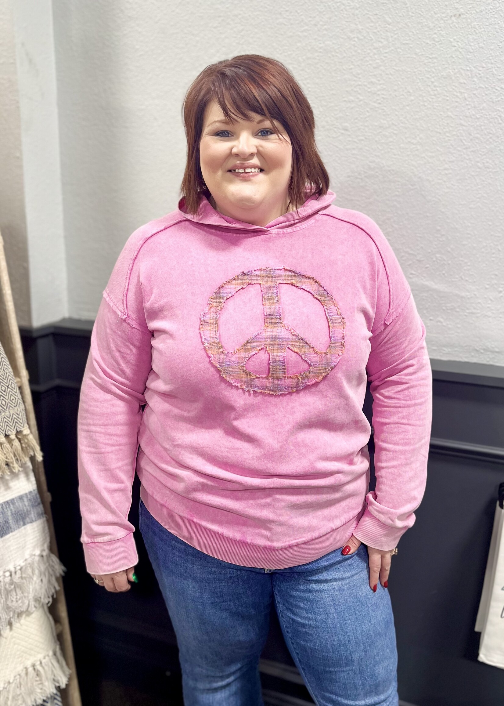 Easel Mineral Washed Pink Peace Hooded Top