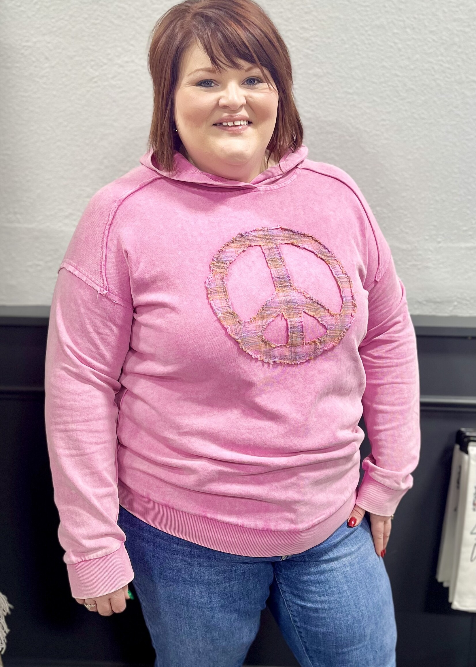 Easel Mineral Washed Pink Peace Hooded Top