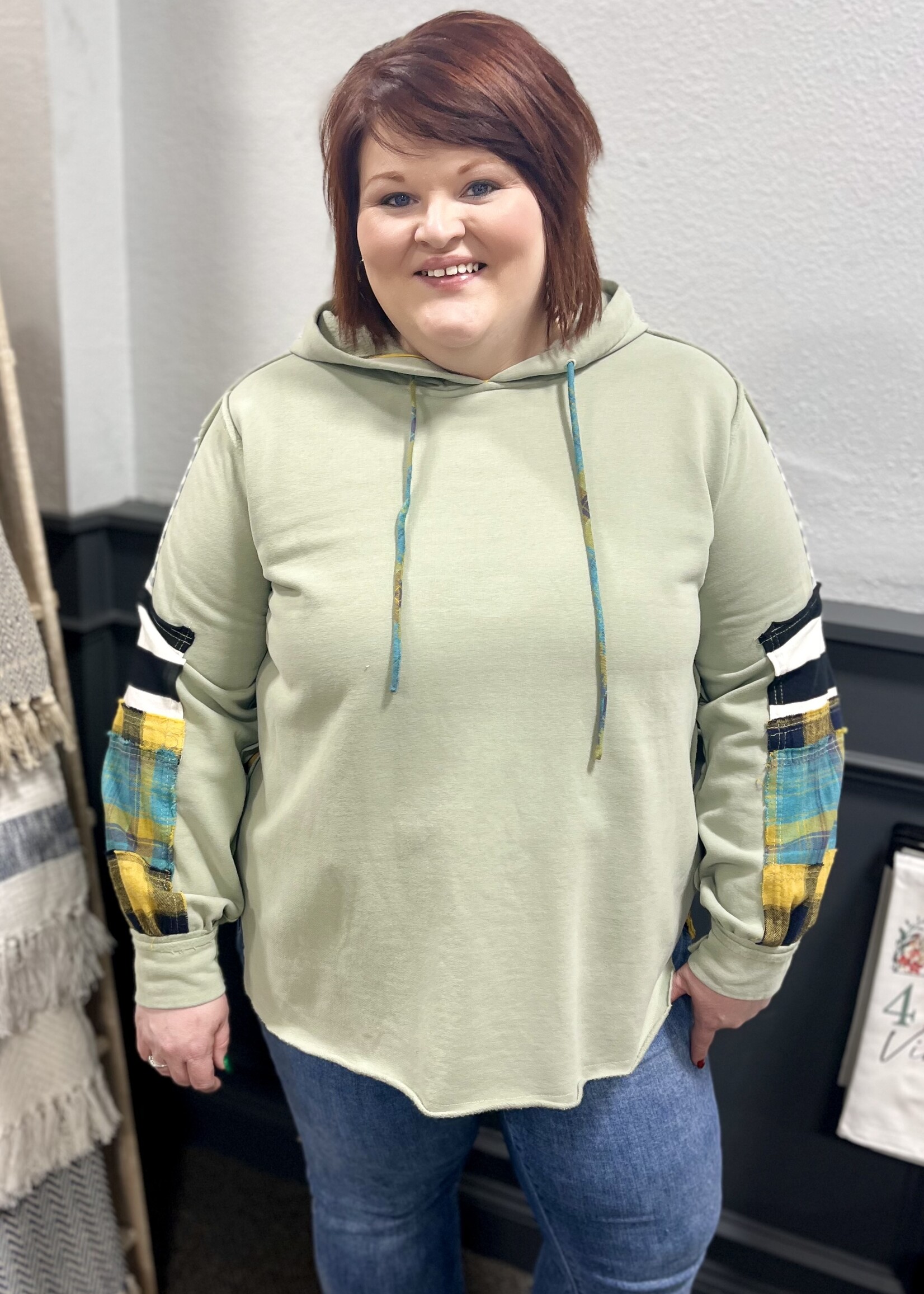 Easel Sage Hooded Patchwork Top