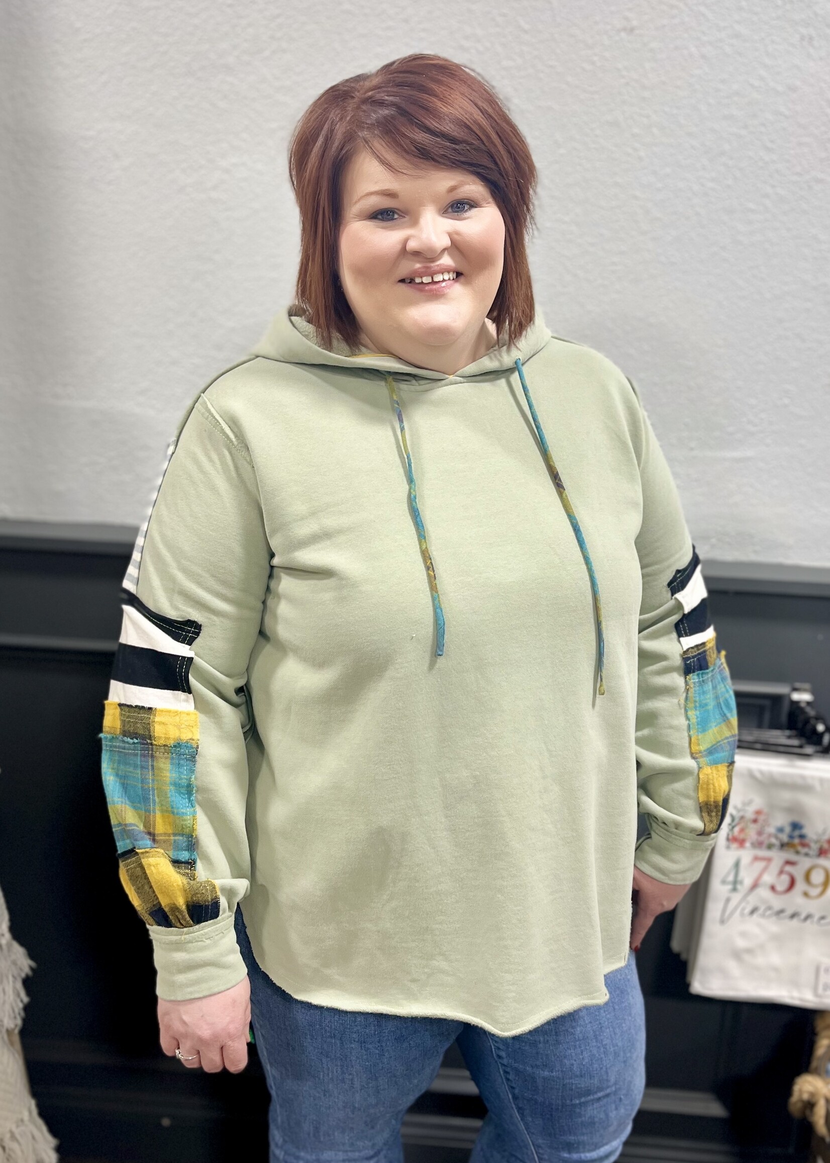 Easel Sage Hooded Patchwork Top