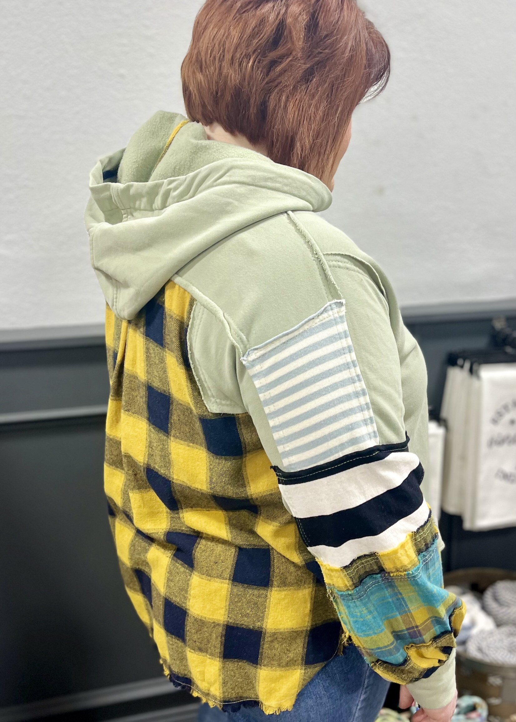 Easel Sage Hooded Patchwork Top