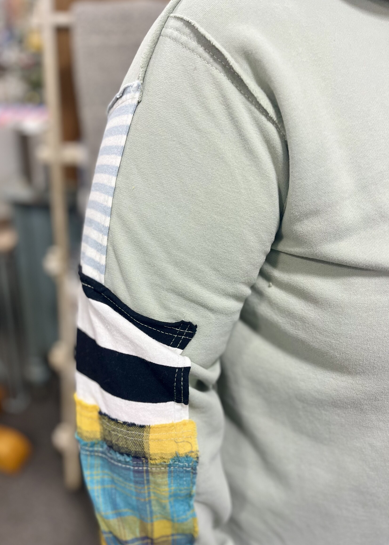 Easel Sage Hooded Patchwork Top