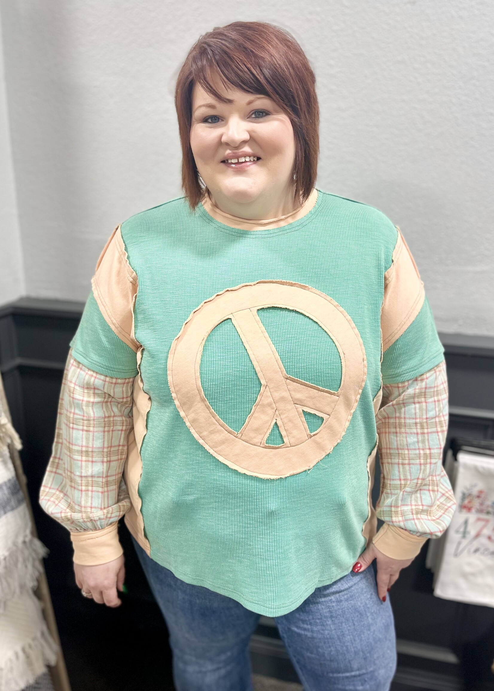 Easel Mint Peace Plaid Sleeve Top