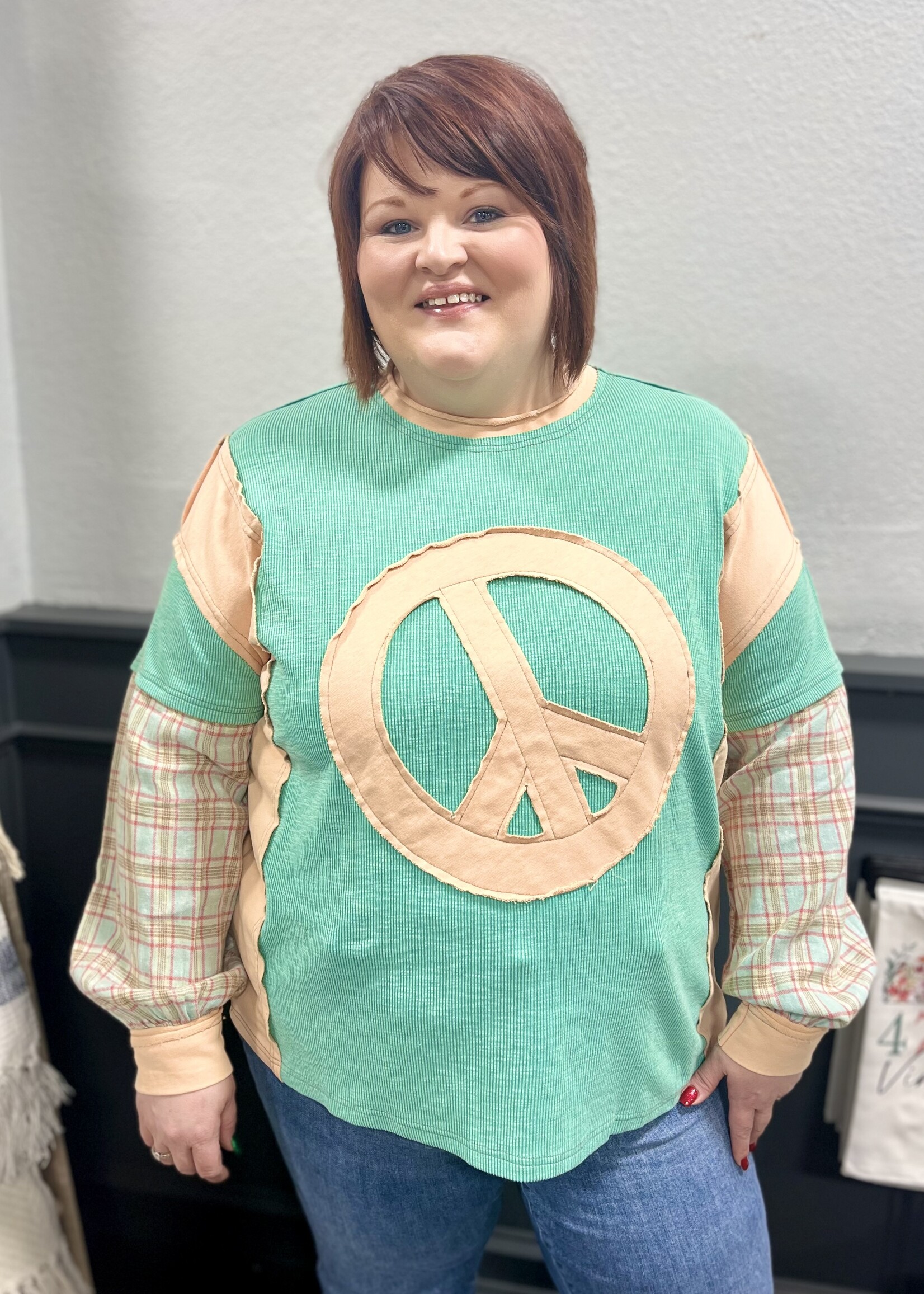Easel Mint Peace Plaid Sleeve Top