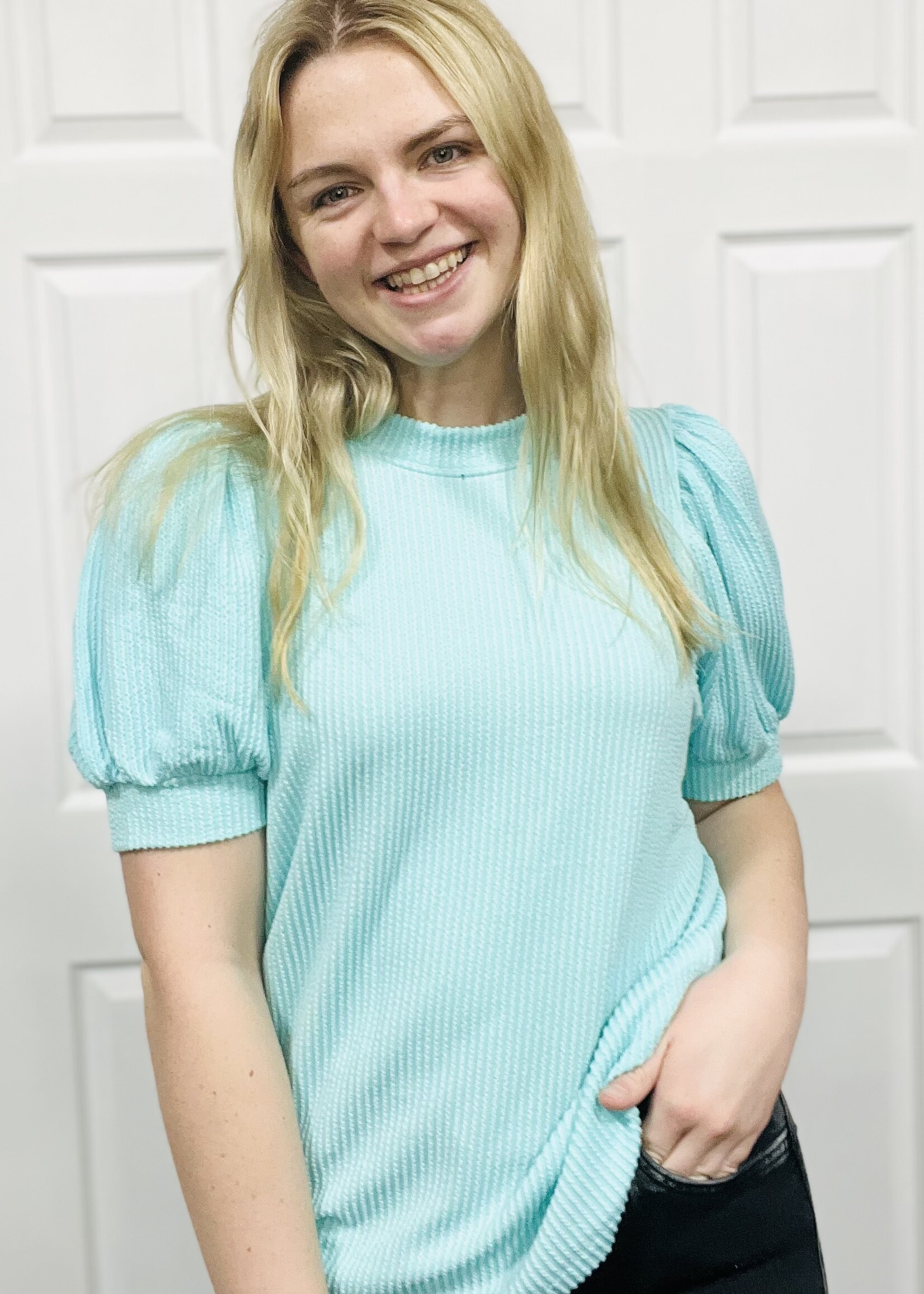 Mint Ribbed Puff Sleeve Top
