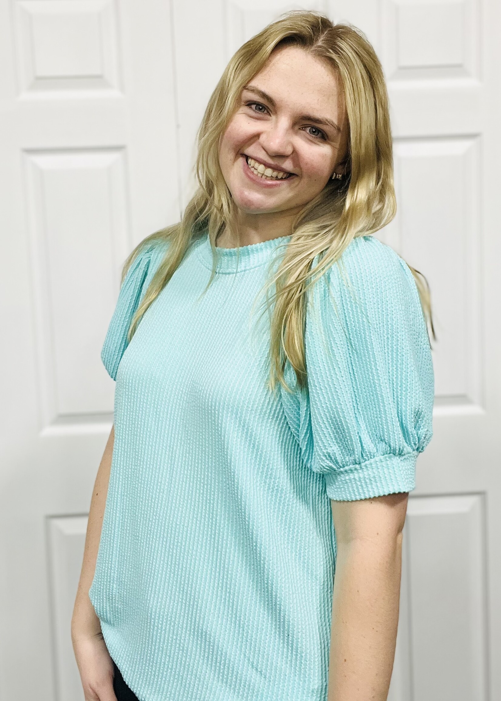 Mint Ribbed Puff Sleeve Top