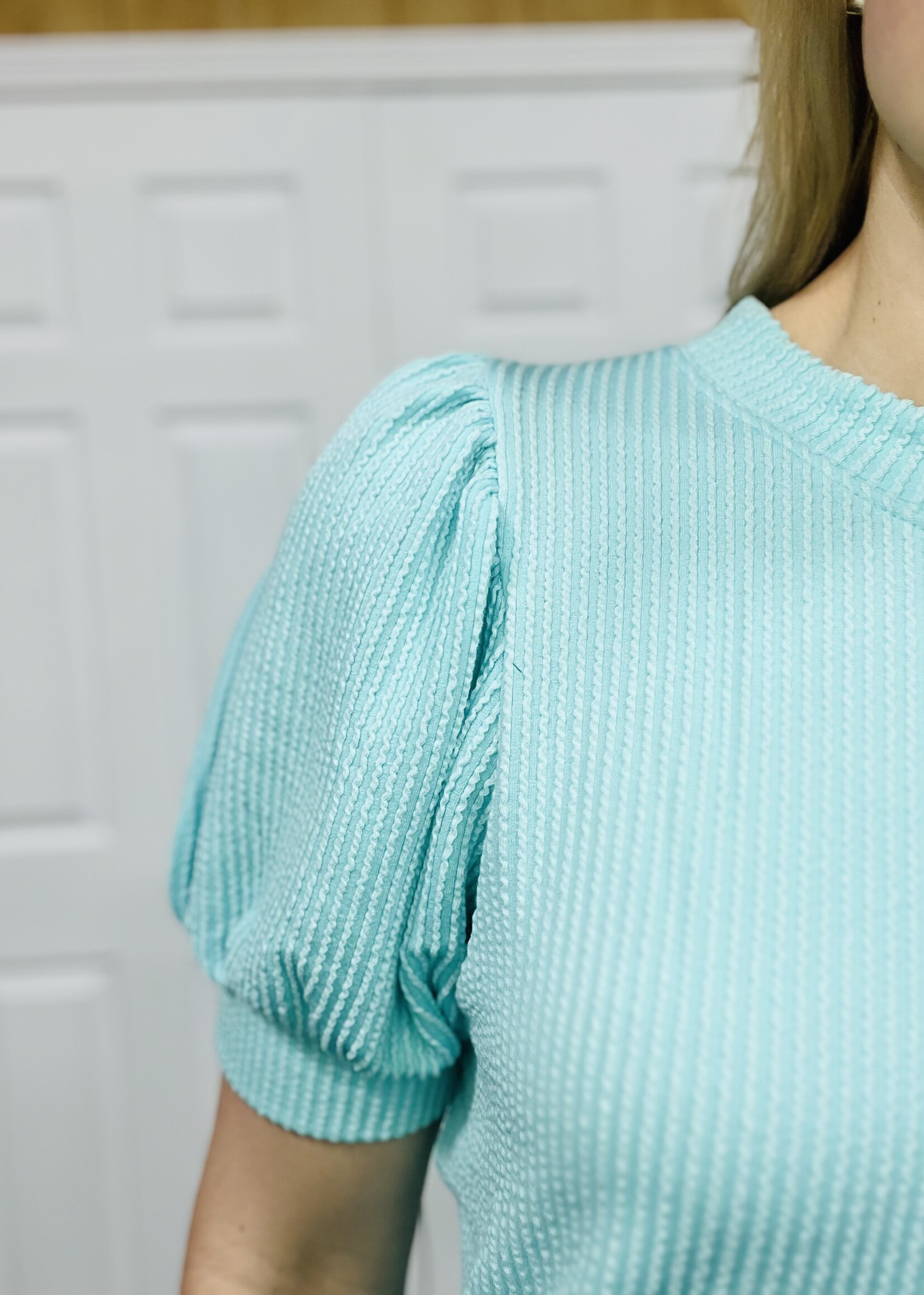 Mint Ribbed Puff Sleeve Top