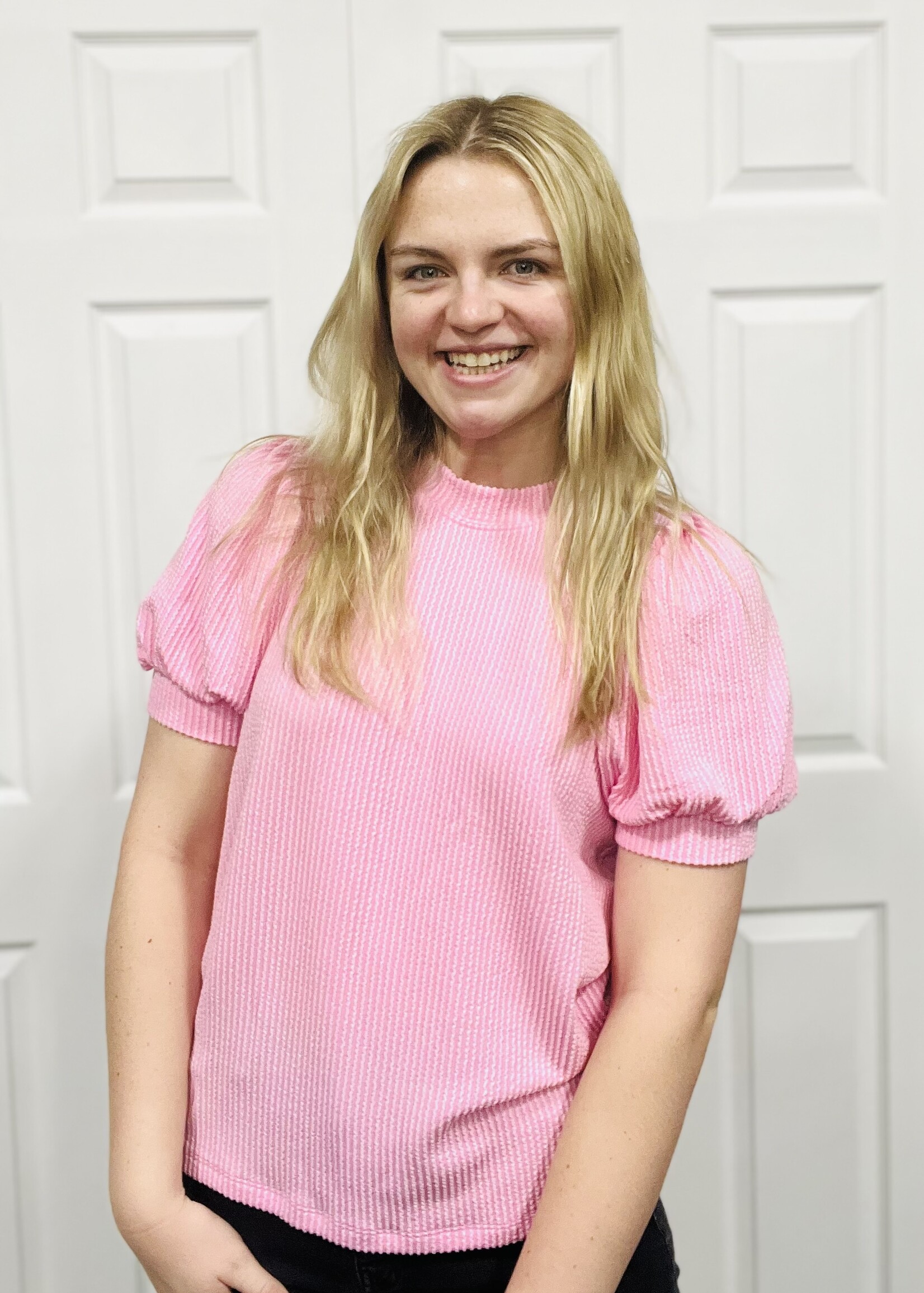 Pink Ribbed Puff Sleeve Top
