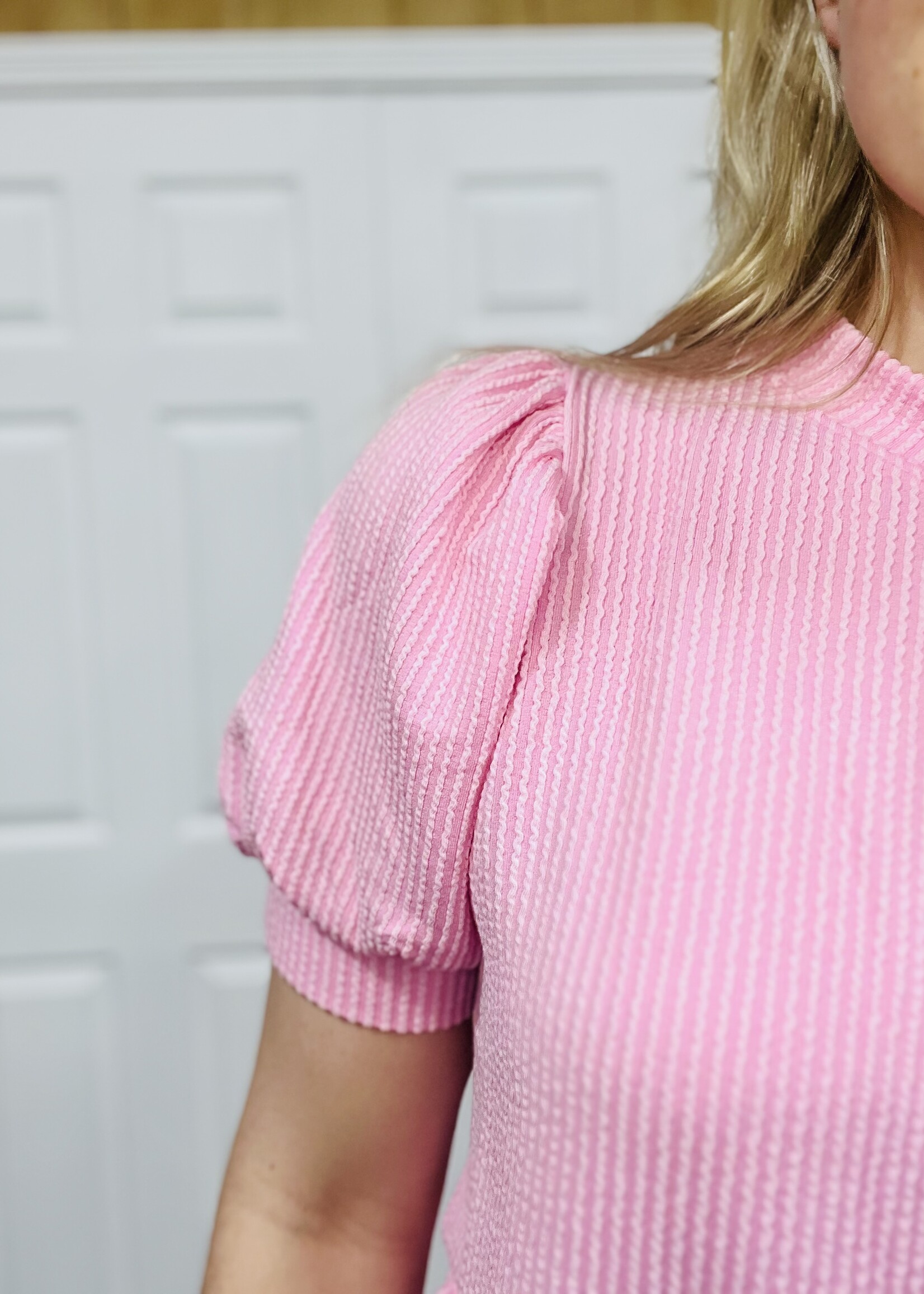 Pink Ribbed Puff Sleeve Top