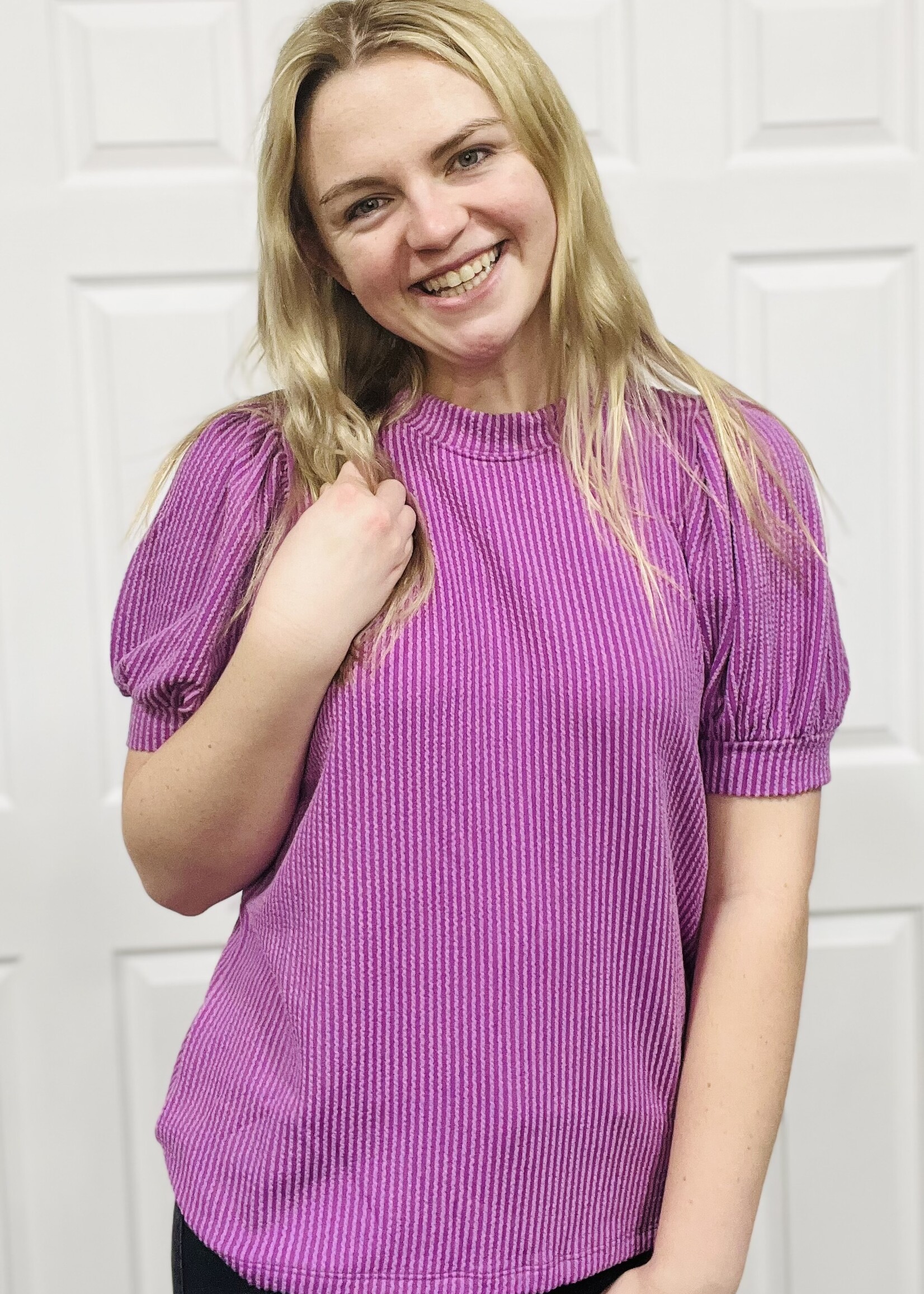 Light Plum Ribbed Puff Sleeve Top