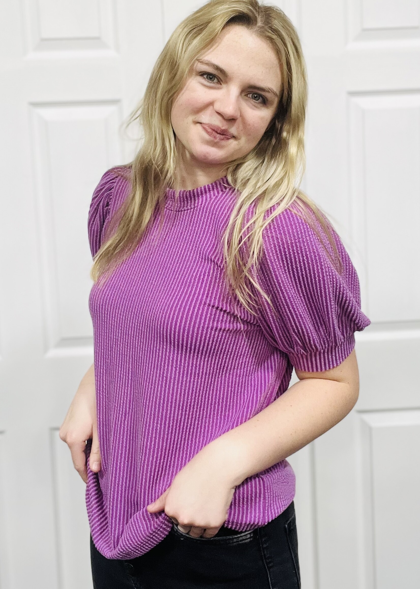 Light Plum Ribbed Puff Sleeve Top
