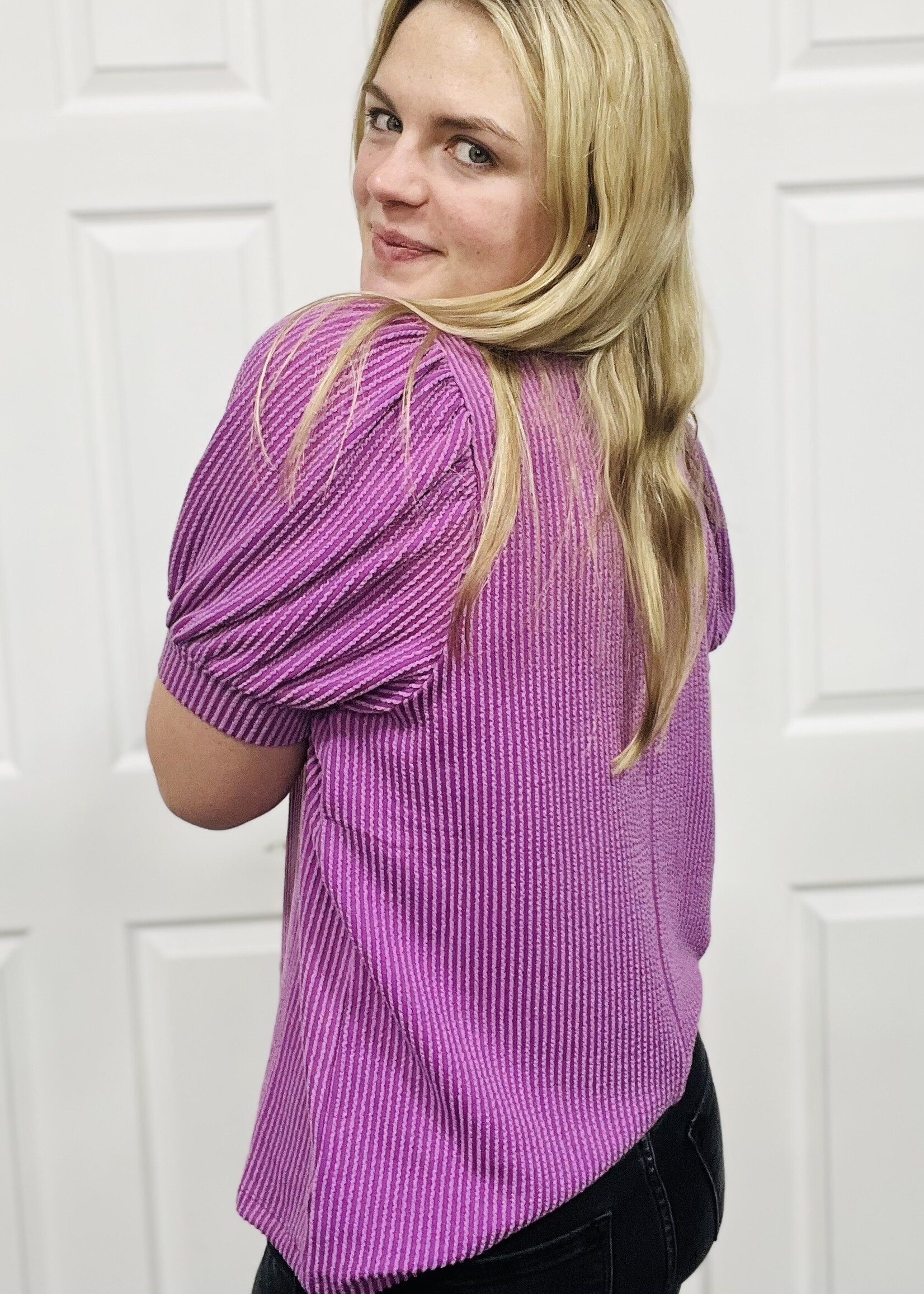 Light Plum Ribbed Puff Sleeve Top