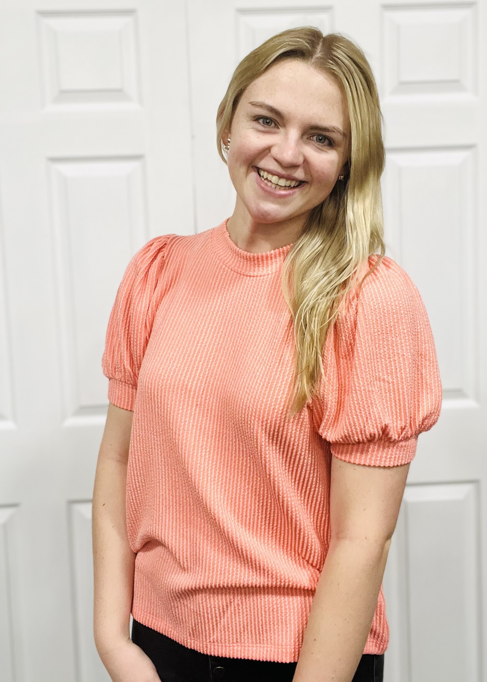 Coral Ribbed Puff Sleeve Top
