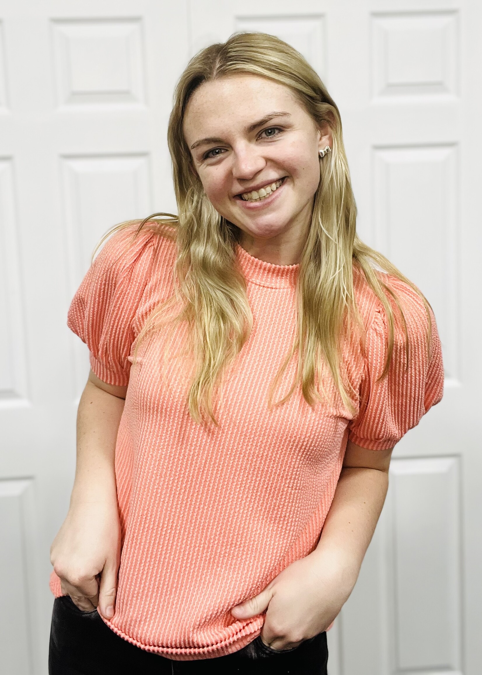 Coral Ribbed Puff Sleeve Top